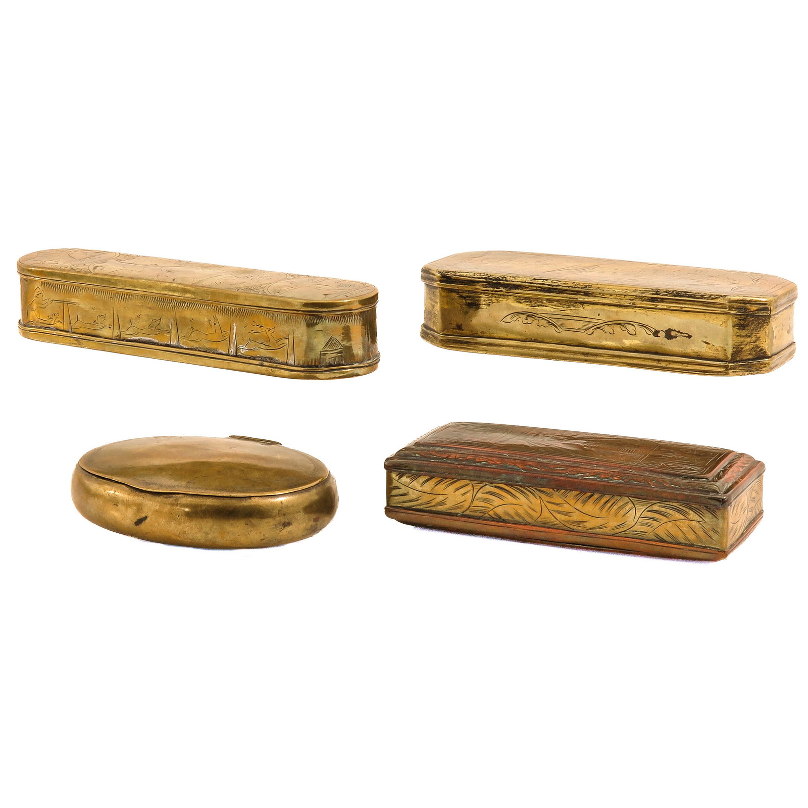 A Collection of Tobacco Boxes: consisting of 4 copper tobacco boxes, including engraved examples with maritime depictions, longest 16 cm.