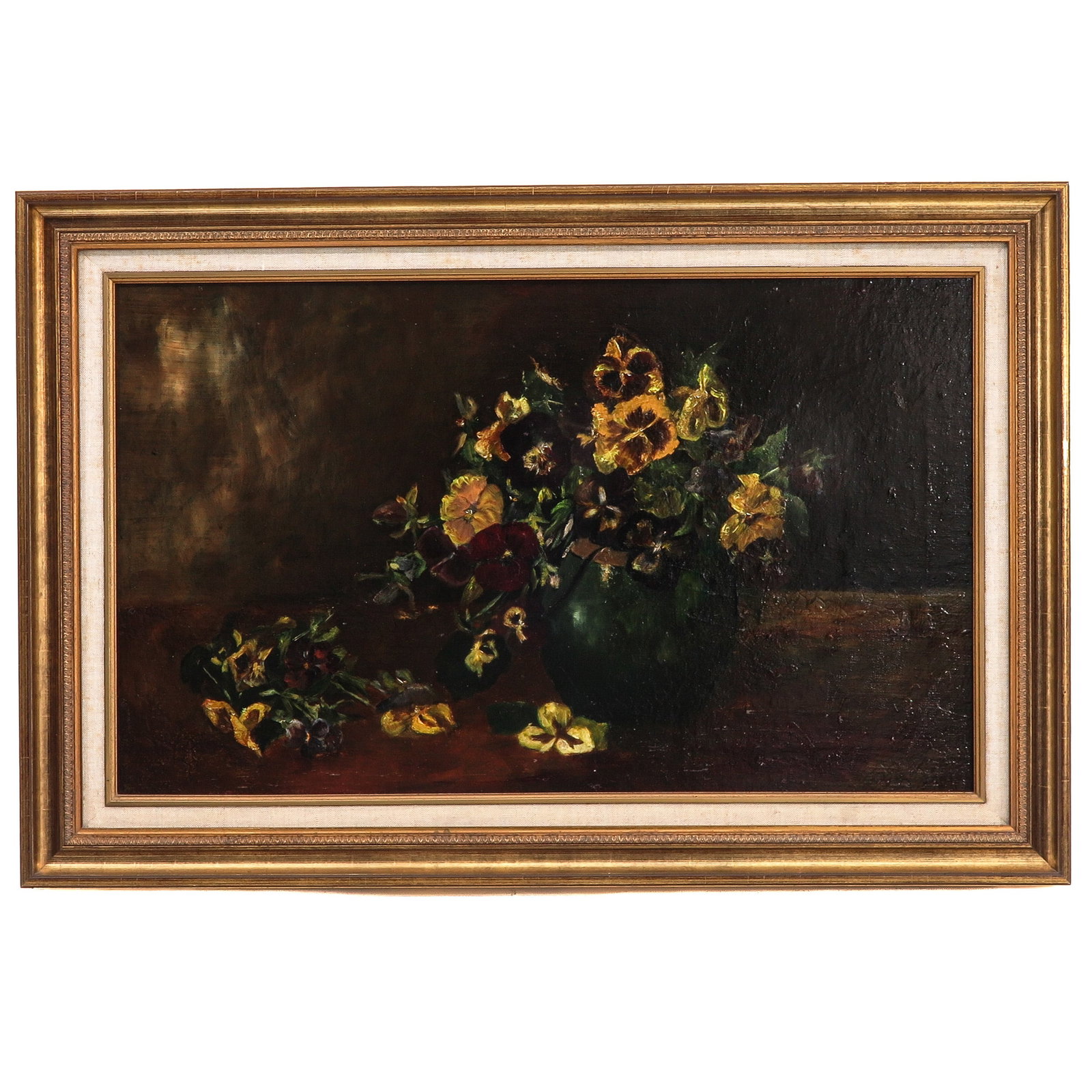 An Oil on Canvas Painting: oil on canvas, still life, depicting violets in a green vase, indistinctly signed, 66 x 40 cm.