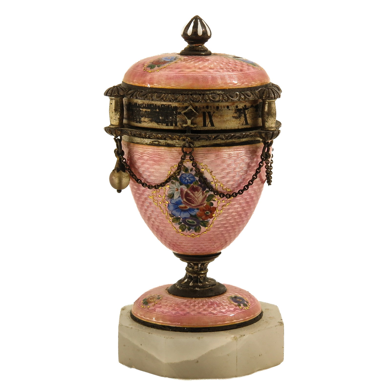 A Miniature French Cercle Tournant: French cercle tournant, with pink guilloche enamel case, height 11 cm.