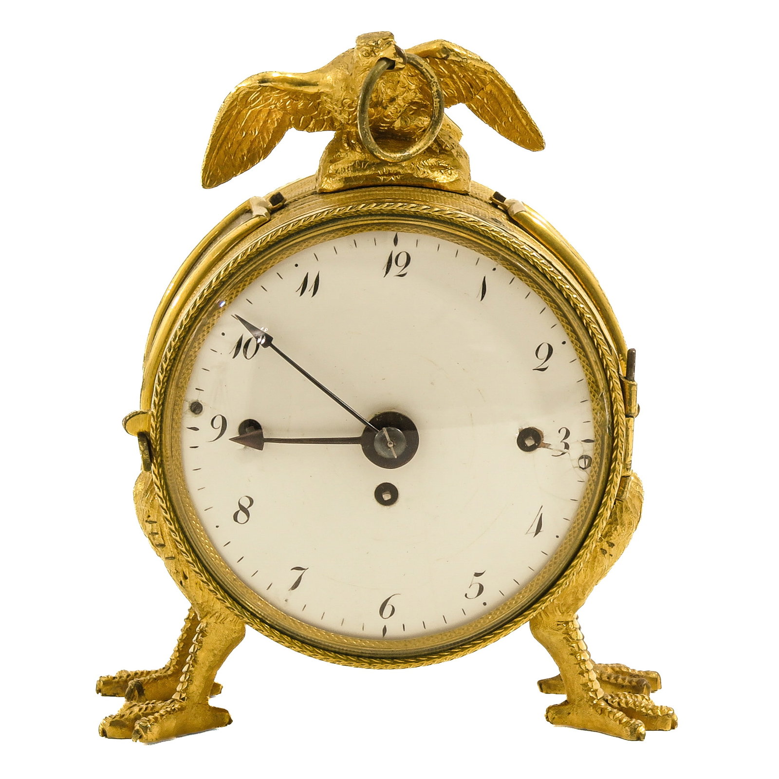 An Officer's Mantel Clock: ca. 1810, Viennese, gilt bronze case on eagle feet, surmounted by an eagle, height 14 cm.