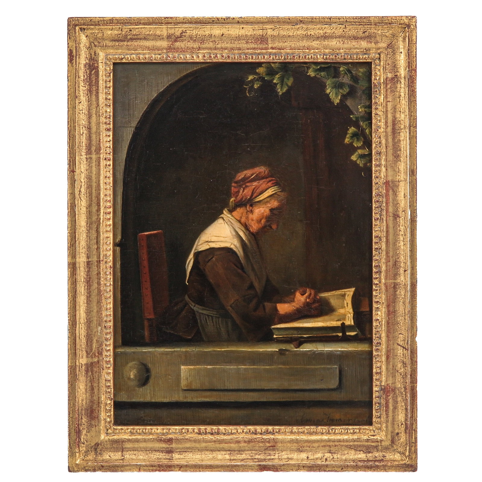 An Oil on Panel Painting: oil on panel, signed A.M. Emmerzeel, (1817 - 1883) Rotterdam, interior, depicting a reading woman, in a gilt wooden frame, 20 x 28 cm.