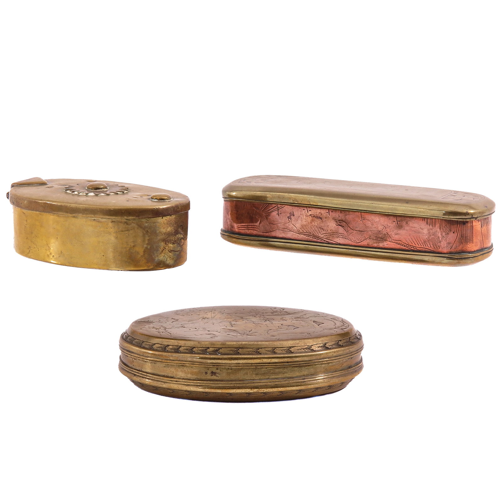 A Group of 3 Tobacco Boxes: consisting of 3 copper tobacco boxes, including one example with a depiction of European ladies in a garden, longest 14 cm.
