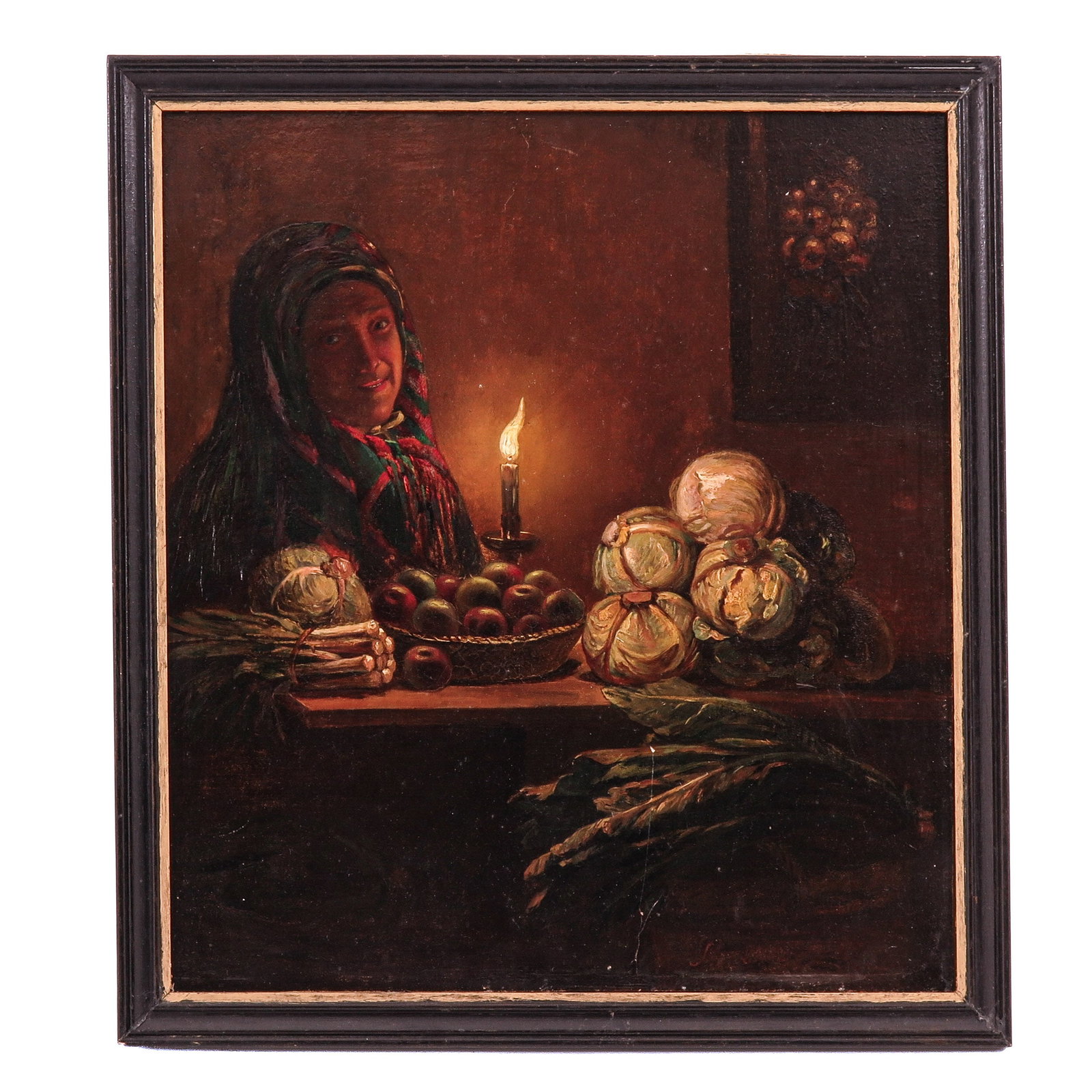 An Oil on Panel Painting: oil on panel, signed, depicting a woman by candlelight with apples, cabbages and leek, 31 x 35 cm.