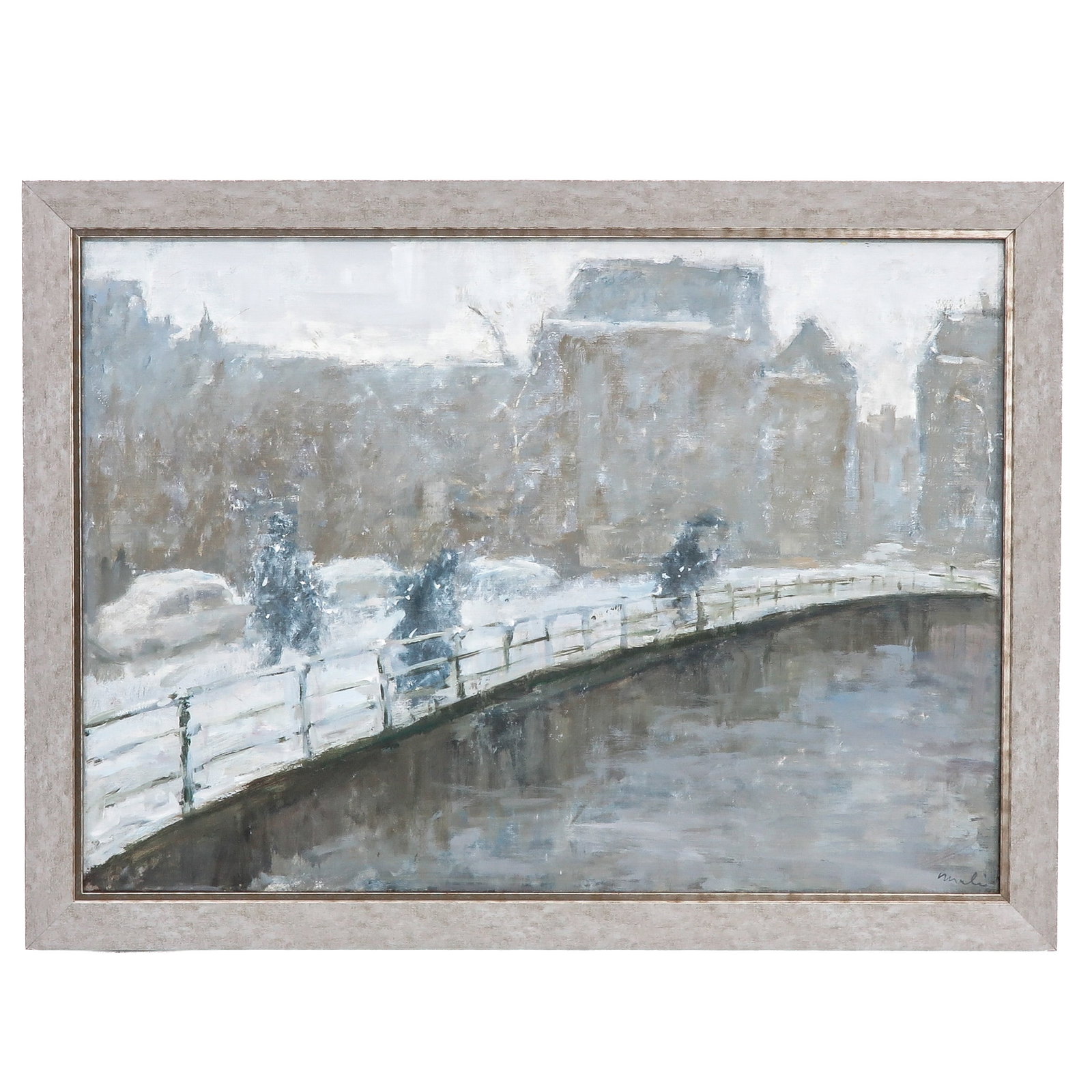 An Oil on Canvas Painting: oil on canvas, signed Malie, winter view with a snow-covered canal and walkers, 70 x 50 cm.