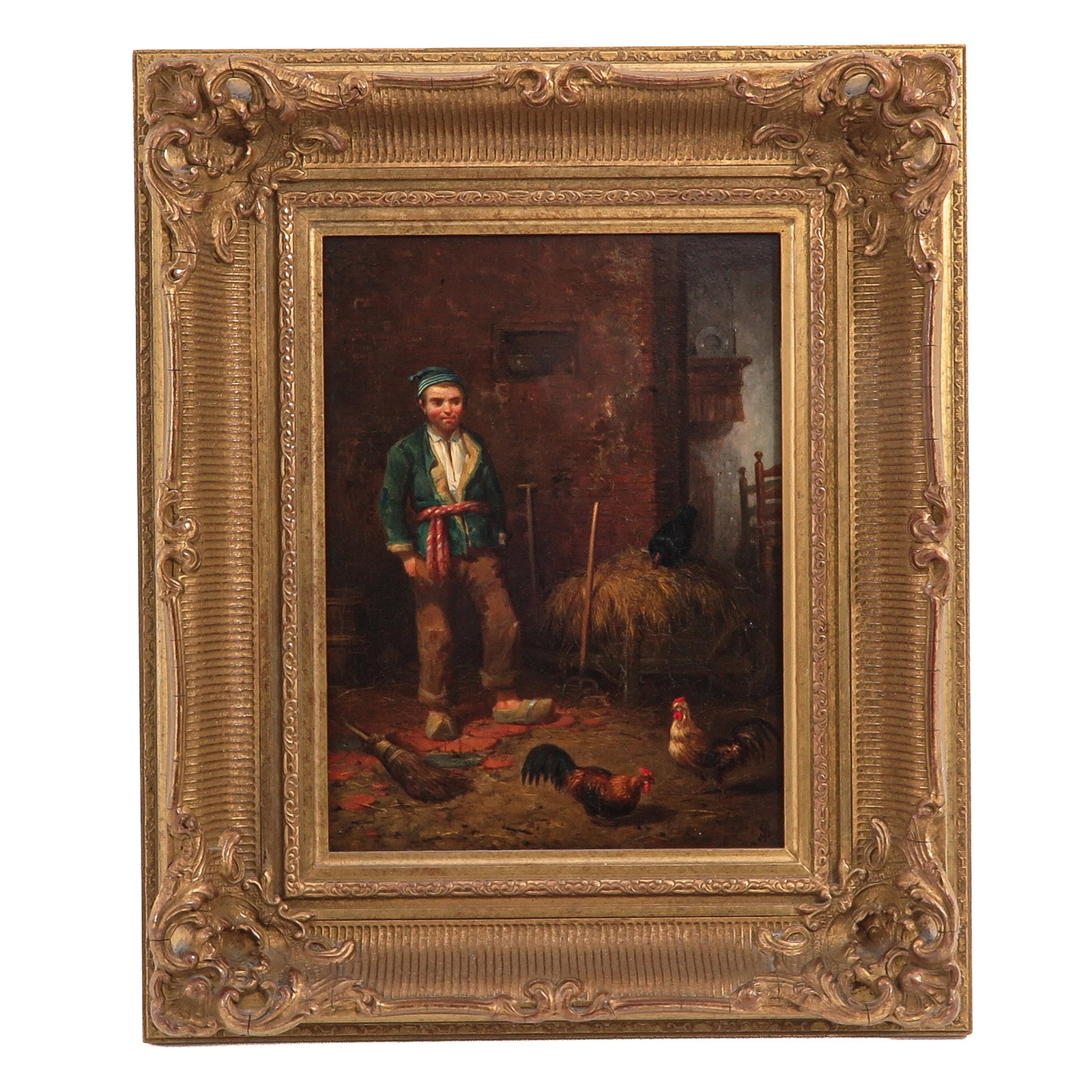 An Oil on Panel Painting: oil on panel, interior, depicting a boy with chickens, 25 x 34 cm.