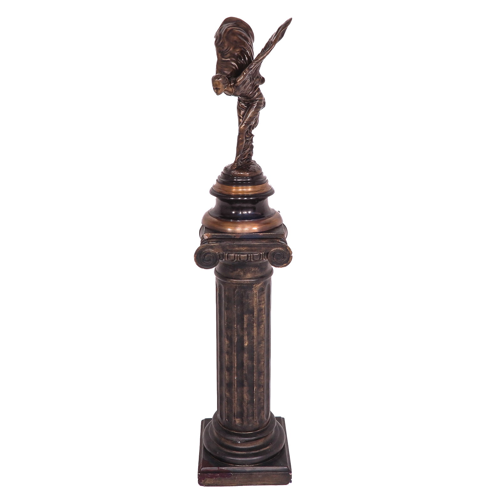 A Spirit of Ecstasy Sculpture: bronze, Spirit of Ecstasy, after a design by Charles Sykes, on a classically patinated column, height sculpture 76 cm., height column 100 cm.