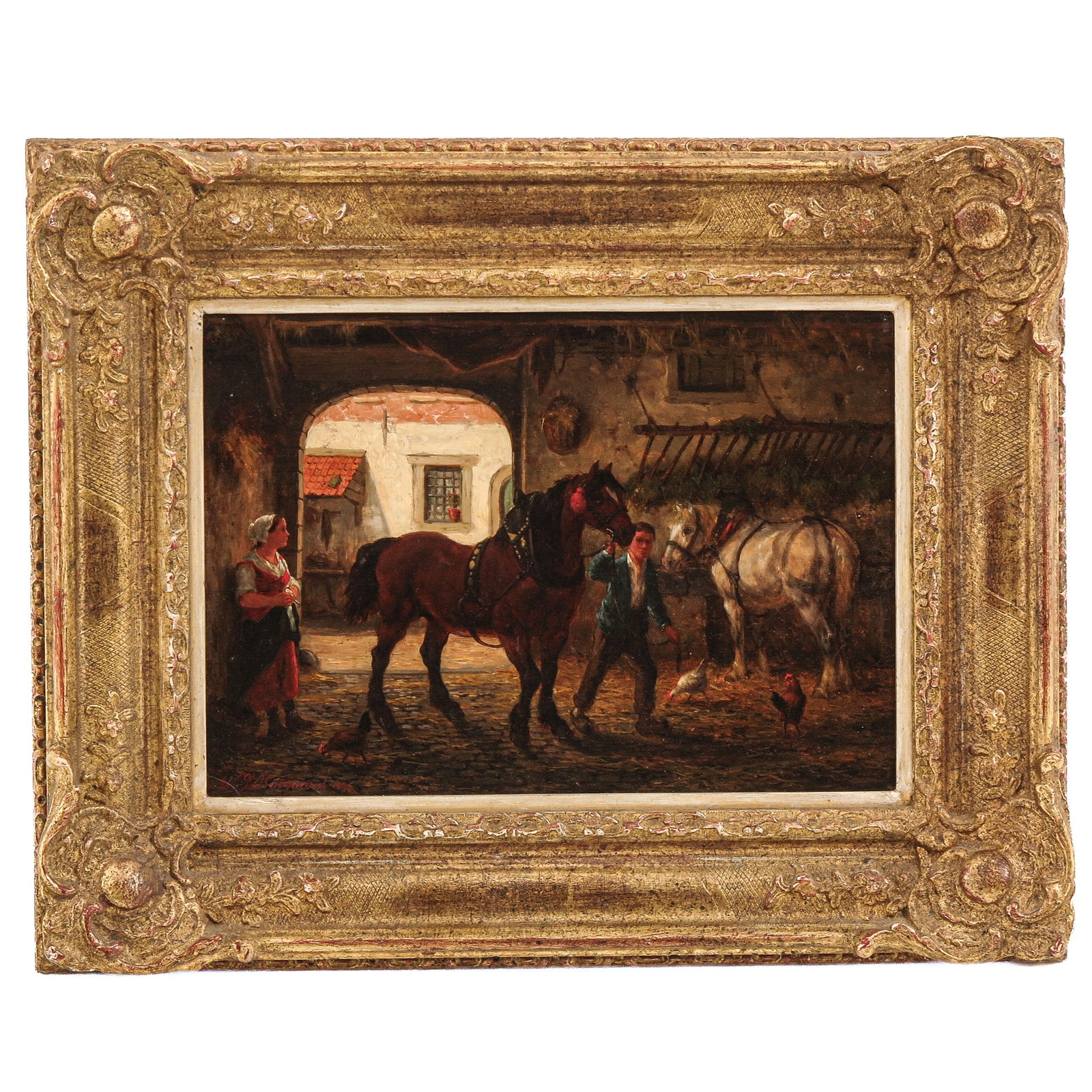 An Oil on Panel Painting: oil on panel, signed Boogaard and dated 1875, depiction of a farmyard with 2 horses and figures, 28 x 20 cm.