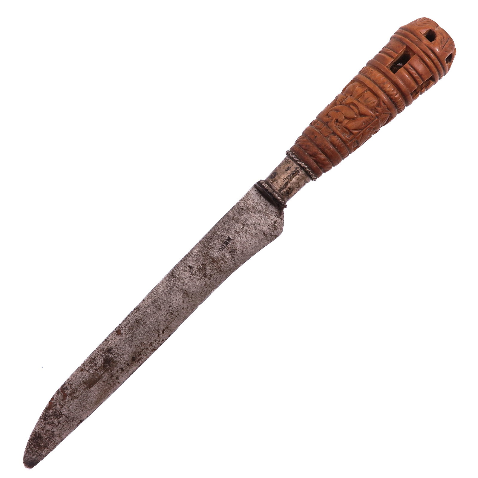 A Knife with Carved Wood Handle: Zeeuws mes, with carved wooden handle, provided with Biblical depiction, dated Anno 1861, length 29 cm.