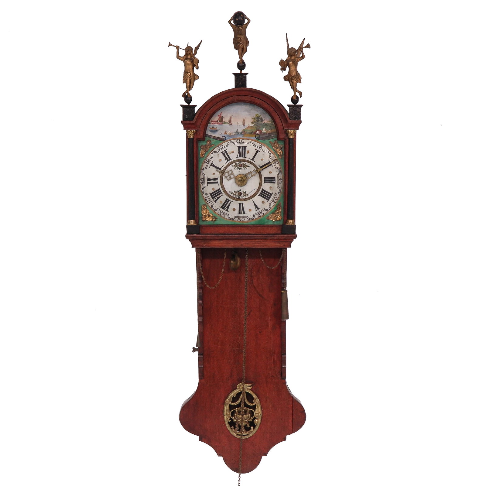 A Dutch Wall Clock or Staartklok: Friesland, 19th century, with painted dial and depiction of a Dutch river landscape with ships, height 145 cm.