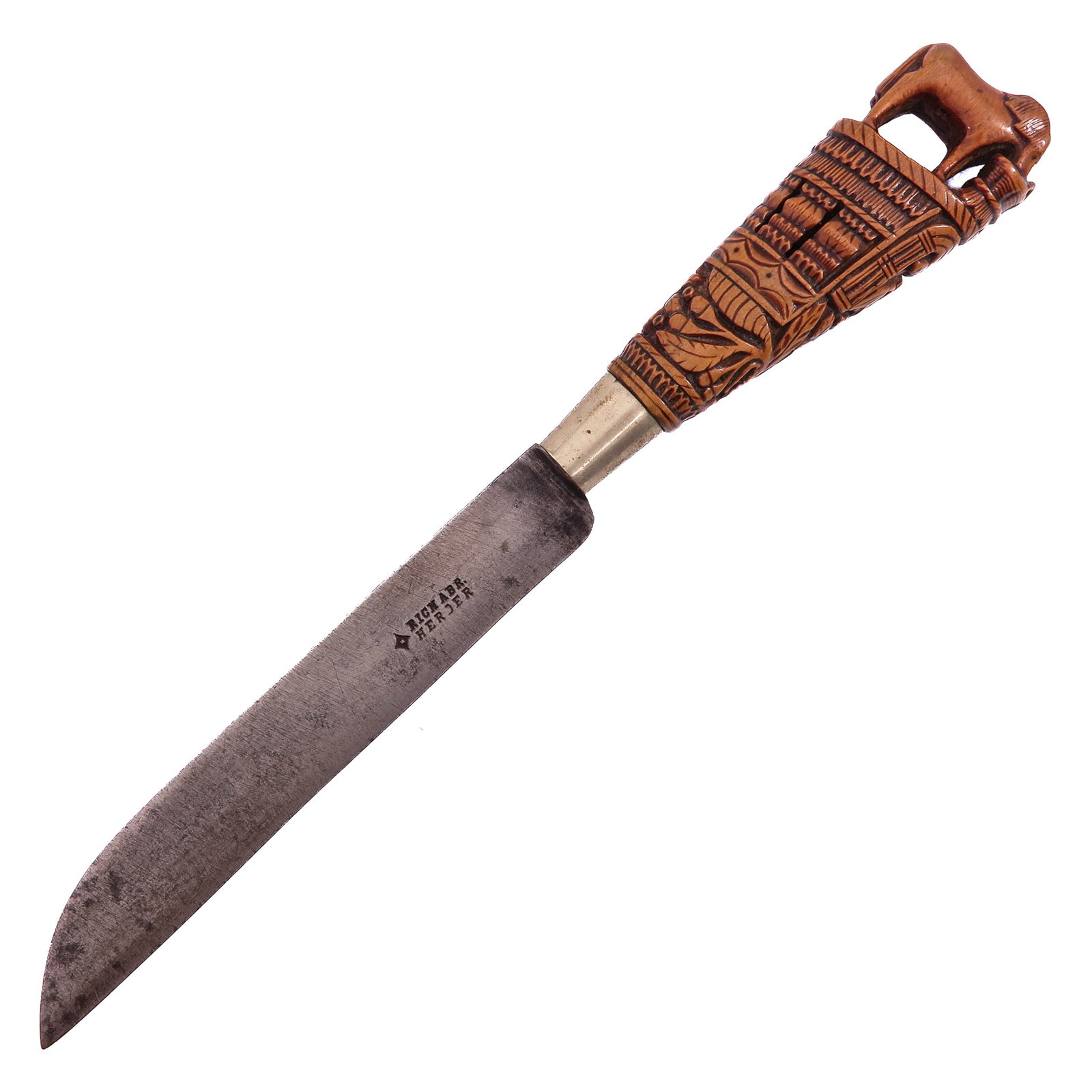 A Knife with Carved Wood Handle: paardenmes, with carved wooden handle, provided with a vase with wheat, length 31 cm.