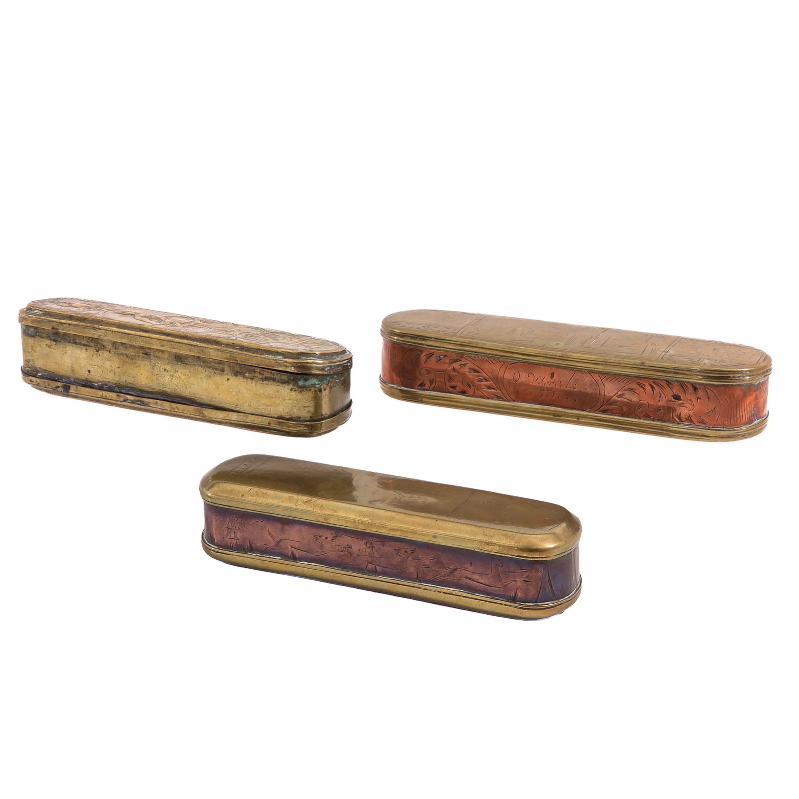 A Group of 3 Tobacco Boxes: consisting of 3 copper tobacco boxes, including one example with a portrait of George III, longest 18 cm.