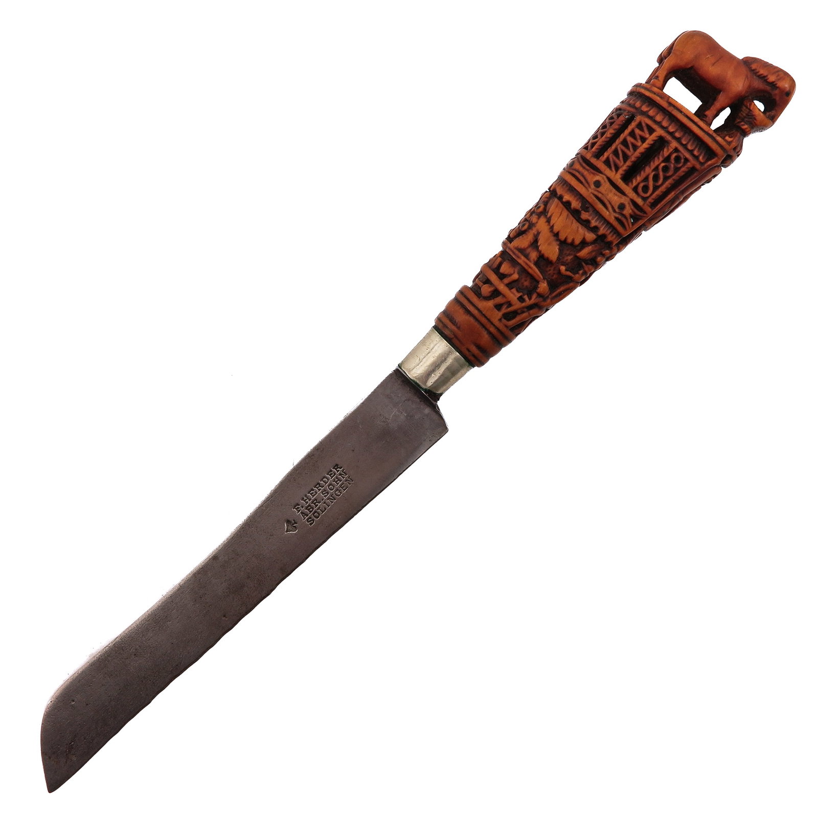 A Knife with Carved Wood Handle: paardenmes, with carved wooden handle, provided with a ploughing farmer, length 30 cm.