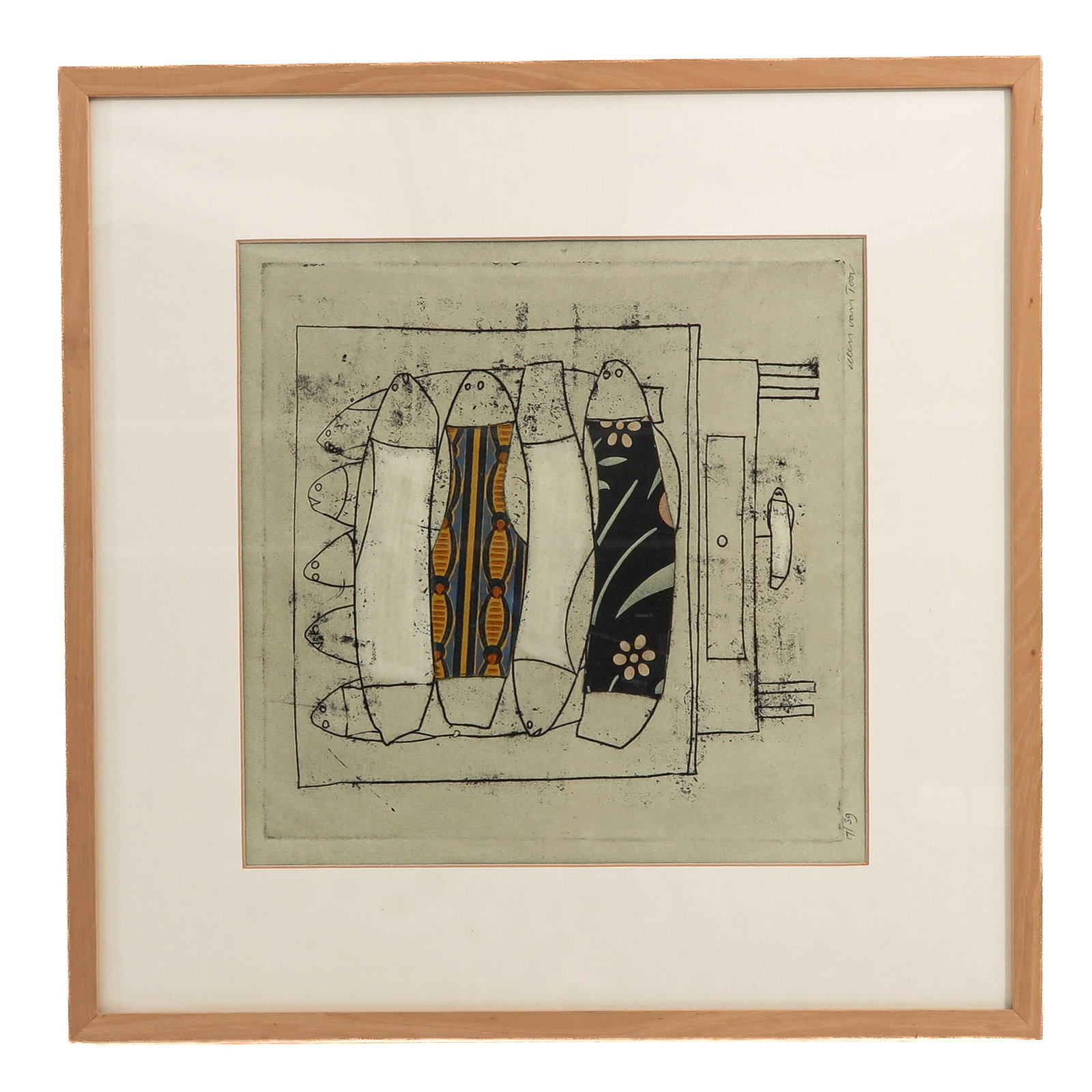 An Etching: Ellen van Toor, depicting a stylized composition with fish, signed, edition 17/39, 37 x 37 cm.