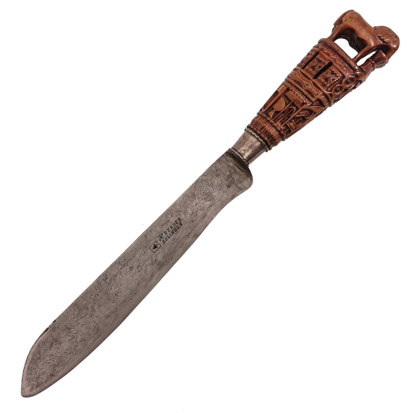 A Knife with Carved Wood Handle: paardenmes, with carved wooden handle, provided with a decoration of tools, length 33 cm.