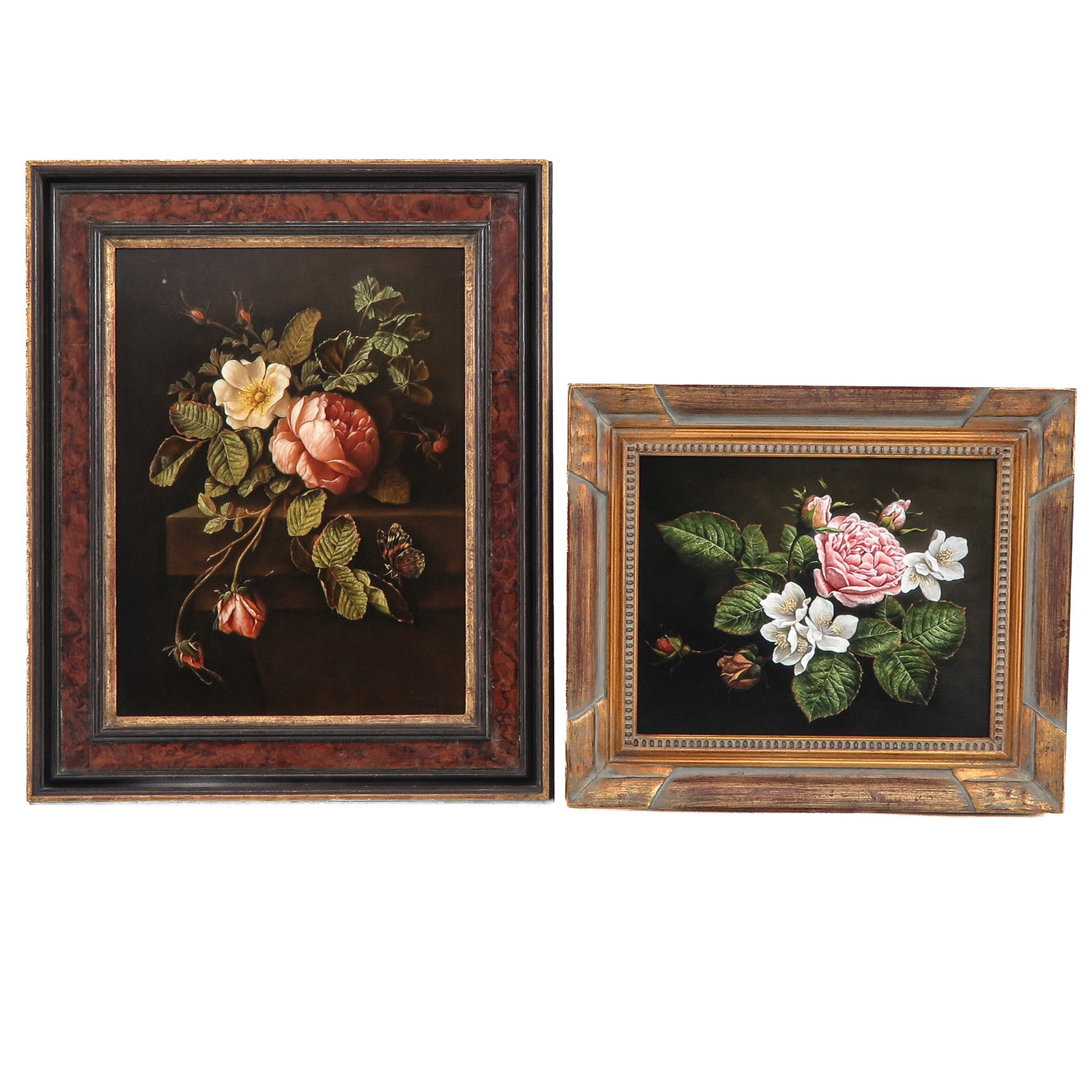 A Lot of 2 Paintiings: consisting of 2 floral still lifes, depicting blooming roses, oil on panel, including monogram R.B., largest 30 x 40 cm.