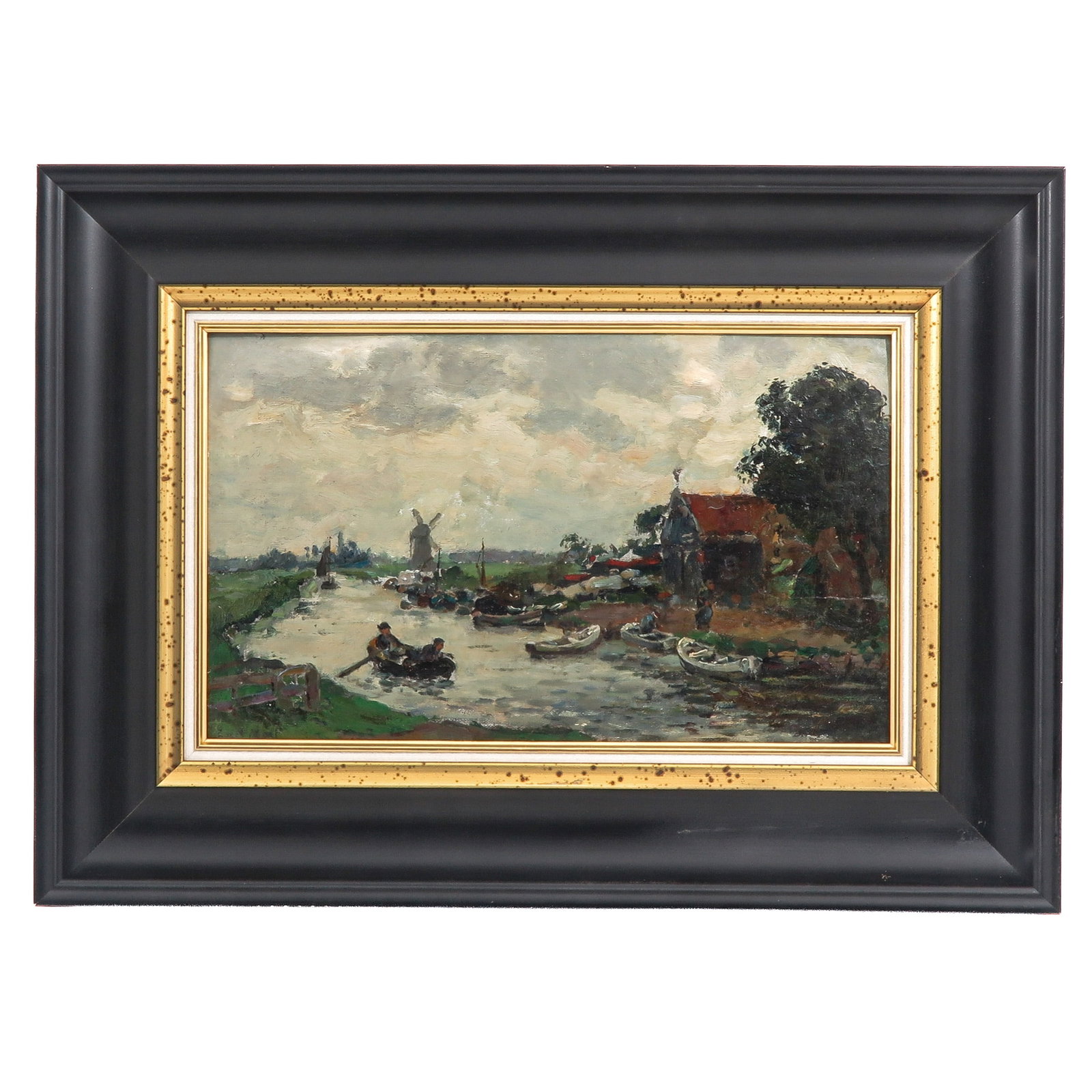 An Oil on Panel Painting: oil on panel, depicting a Dutch polder view, with a paper concerning Evert Moll on the reverse, 43 x 26 cm.