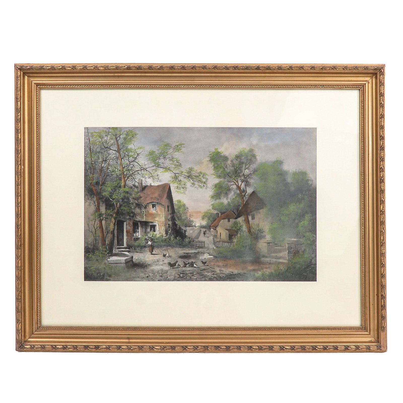 A Print: depicting a rural village view with farms, trees and chickens, in gilt frame, 61 x 40 cm.