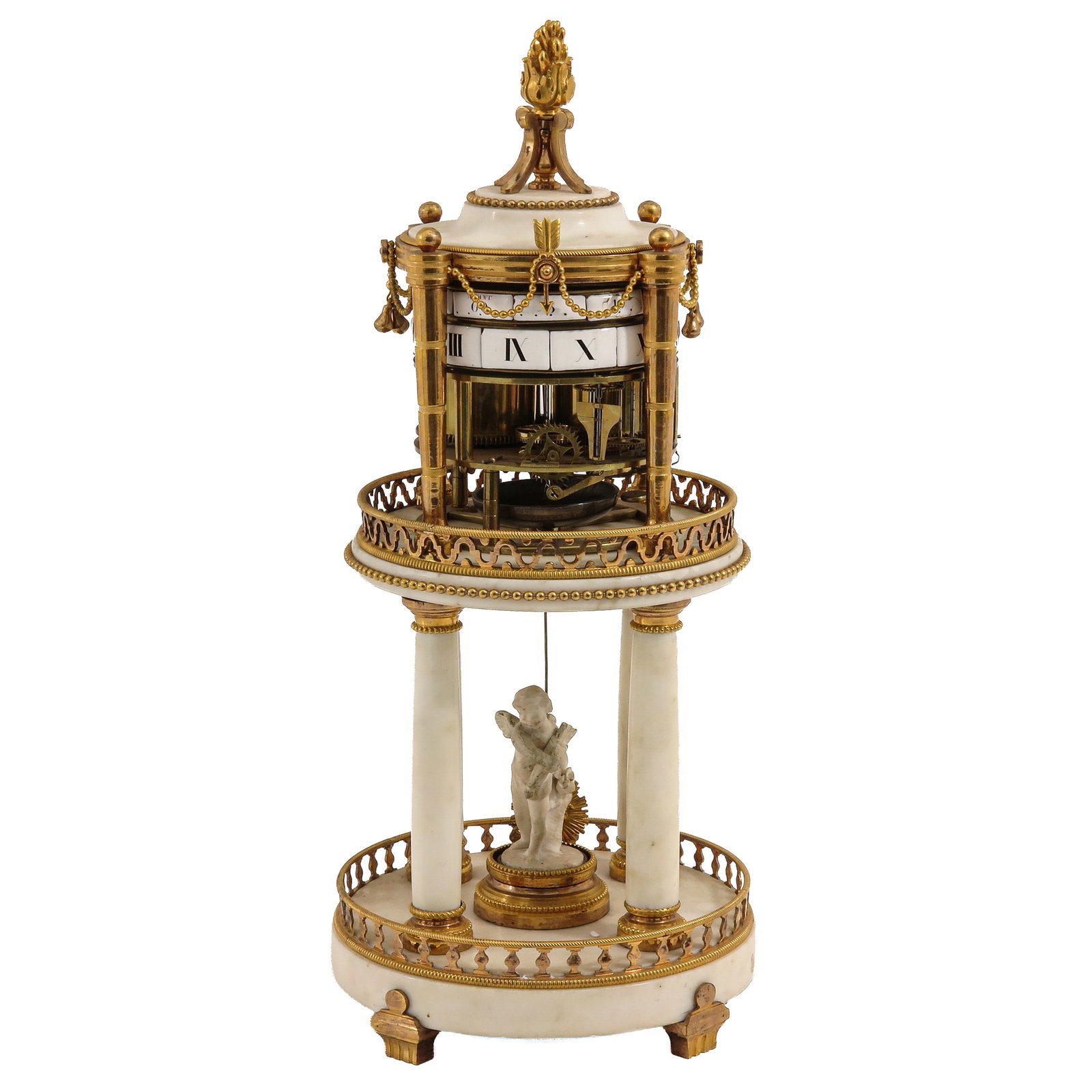 A Cercles Tournants Clock: Cercles Tournants, white marble with fire-gilt bronze, signed Amant a Paris, height 41 cm.