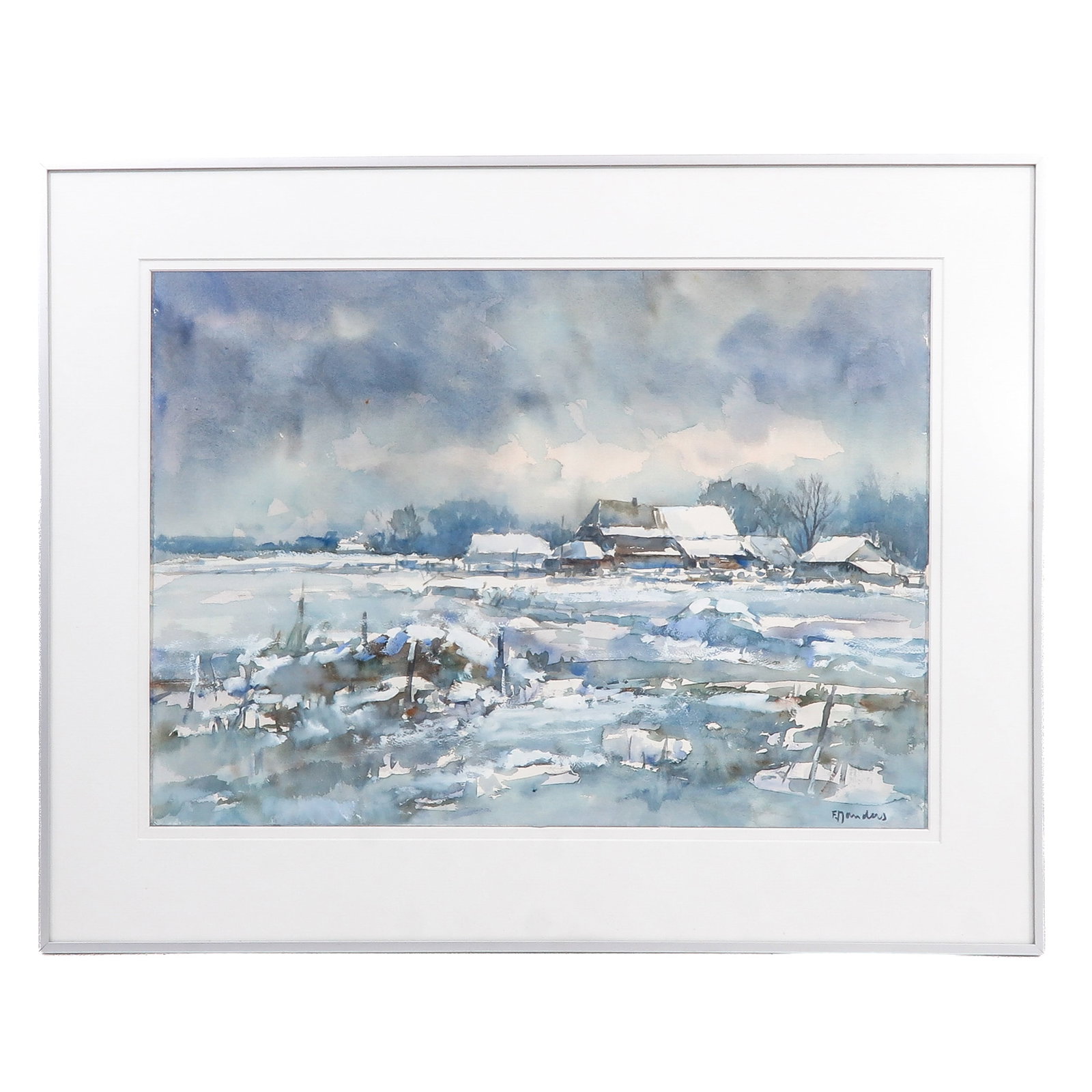 A Watercolor: signed F. Manders, depicting a snow-covered landscape, 74 x 53 cm.