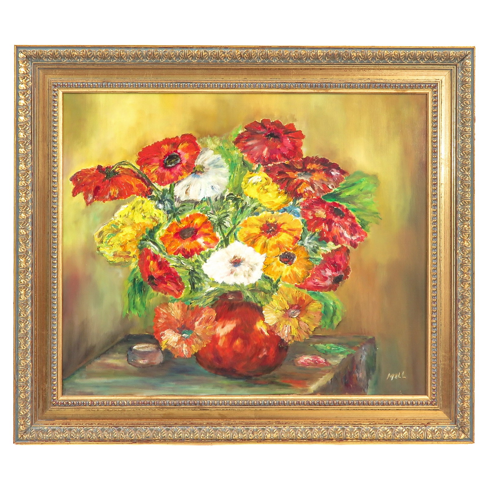 An Oil on Canvas Painting: oil on canvas, signed Moll, depicting a bouquet of flowers, 60 x 50 cm.