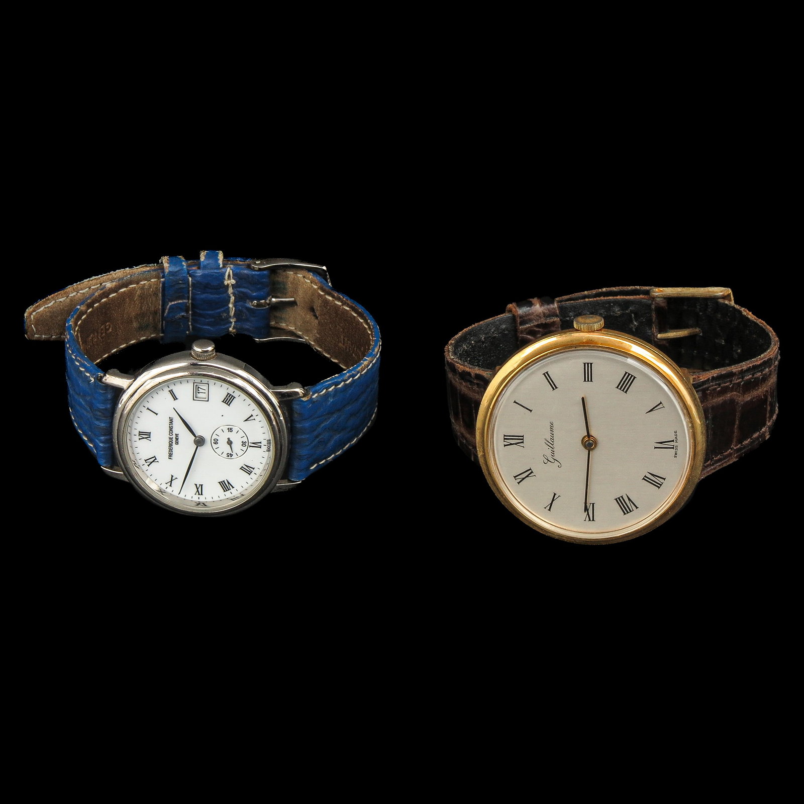A Lot of 2 Watches: consisting of 2 wristwatches by Frederique Constant Geneve and Guillaume, largest diameter 38 mm.