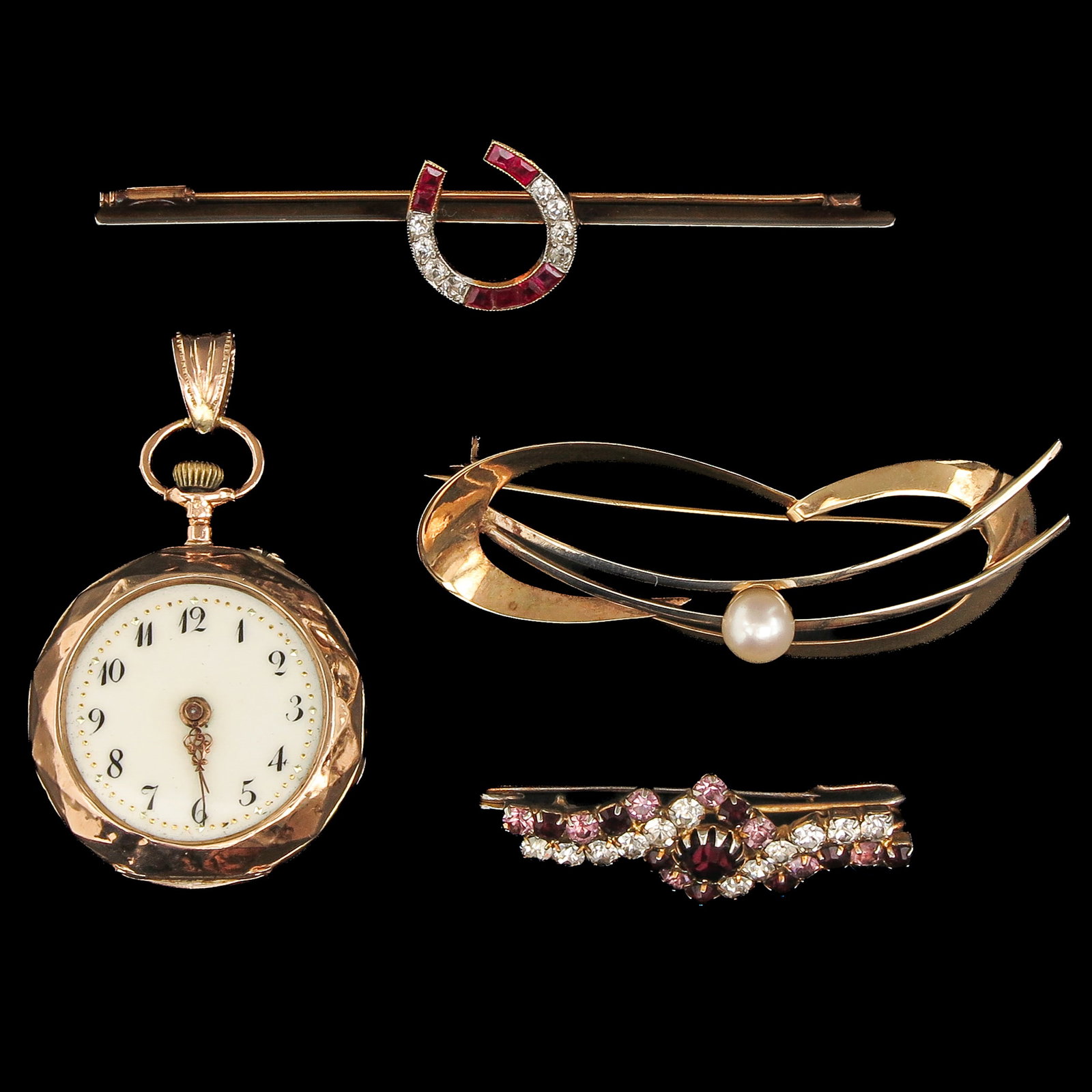 A Collection of Jewelry: jewellery, consisting of 3 brooches and a pocket watch