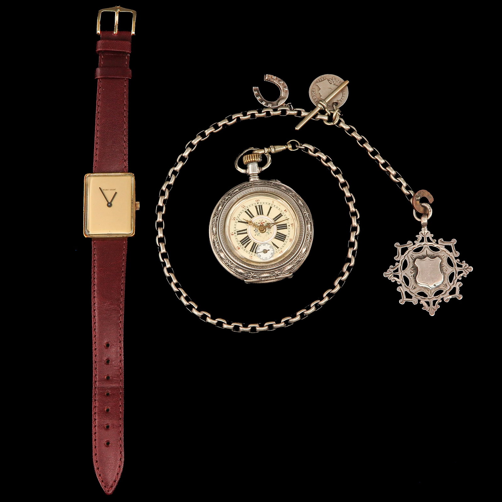 A Diverse Collection of Jewelry: consisting of a pocket watch with watch chain and various pendants, and a wristwatch, largest case diameter 46 mm.