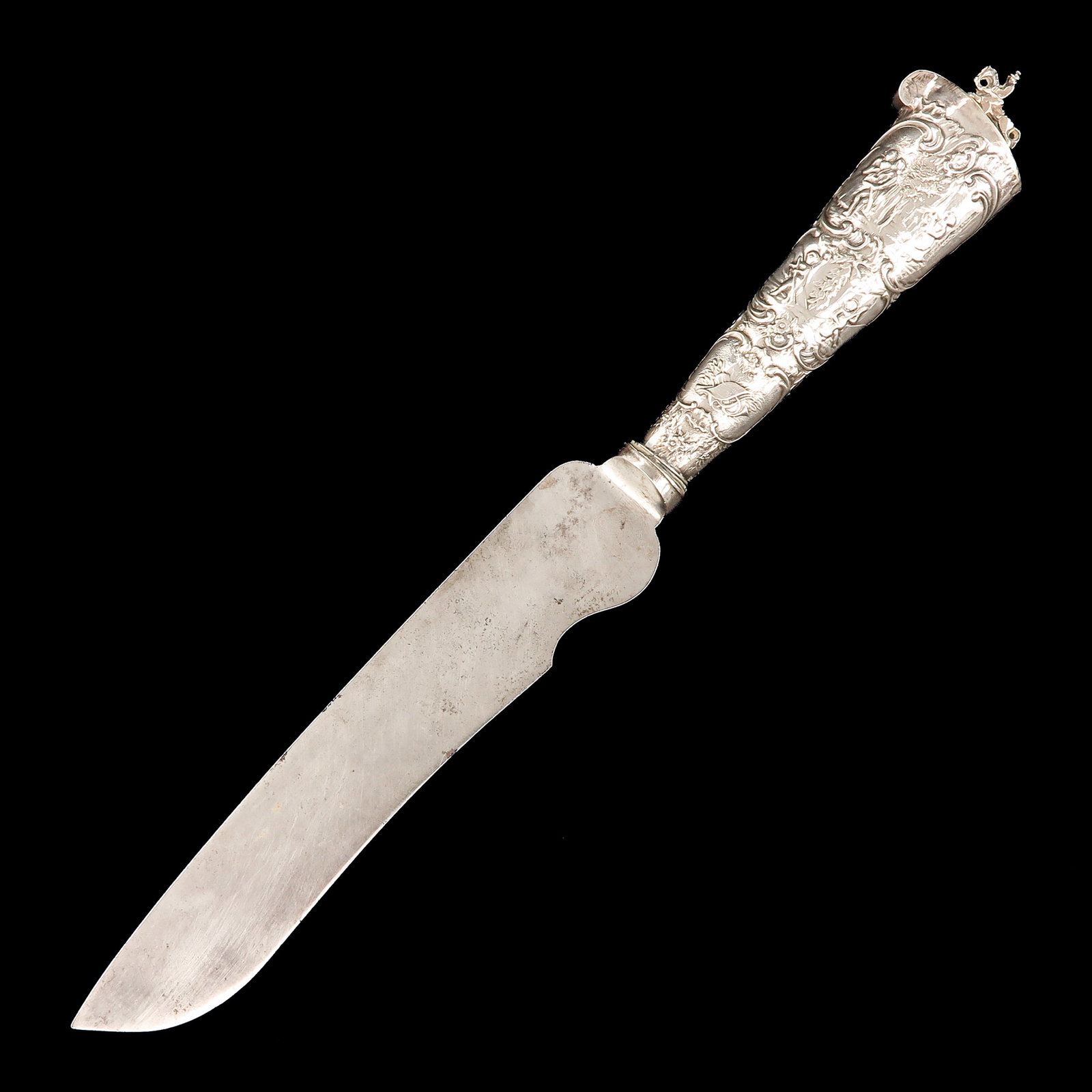 A Knife with a Silver Handle: with richly decorated silver handle, length 32 cm.