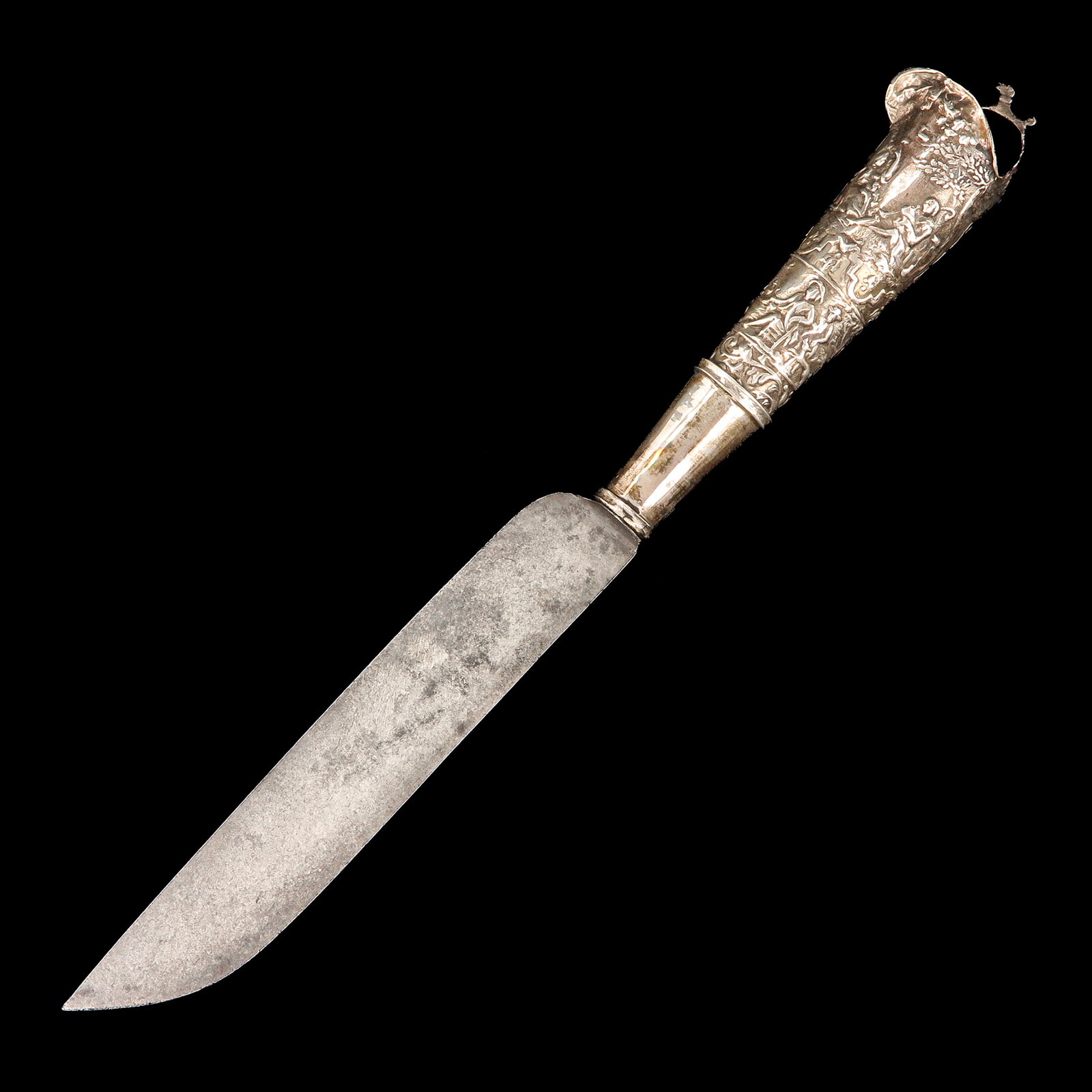 A Knife with a Silver Handle: with richly decorated silver handle, length 33 cm.