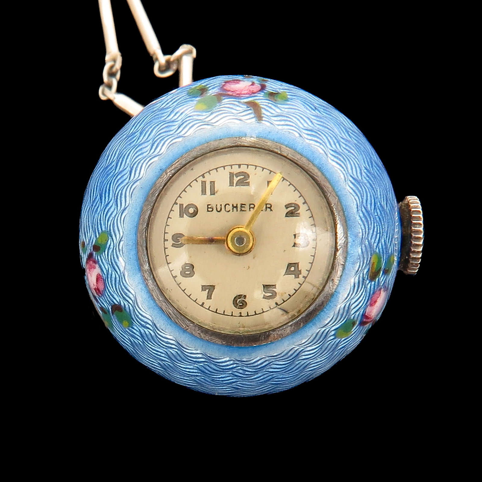 A Ladies' Bucherer Pocket Watch: Bucherer, with chain and brooch, silver, with light blue guilloche enamel case, diameter 20 mm., length chain 39 cm.