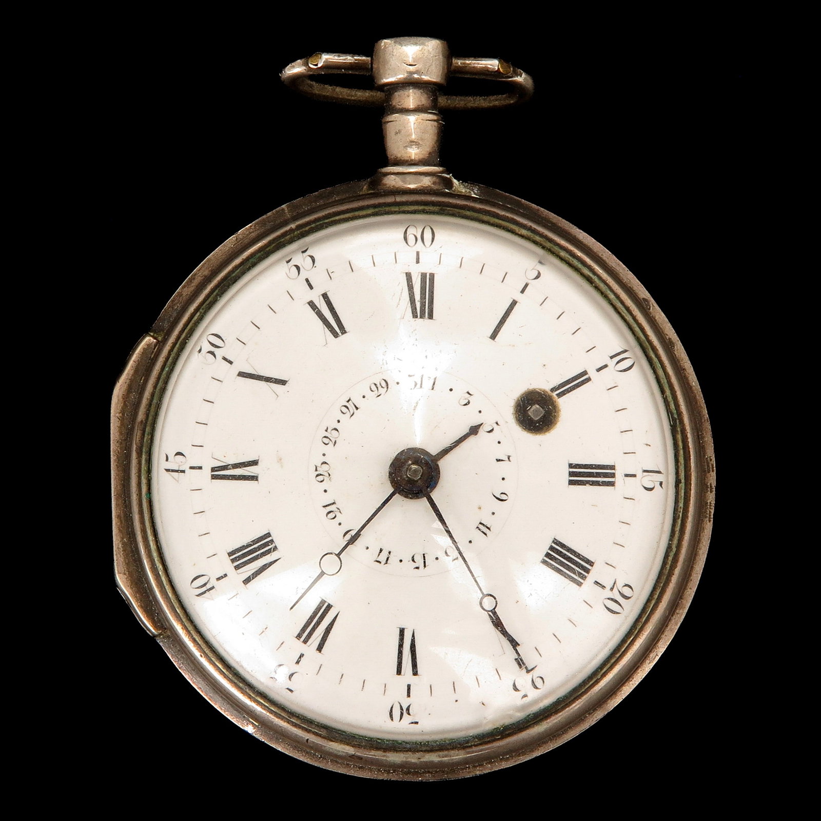 A Pocket Watch: ca. 1800, white enamelled dial with Roman numerals, case diameter 64 mm.
