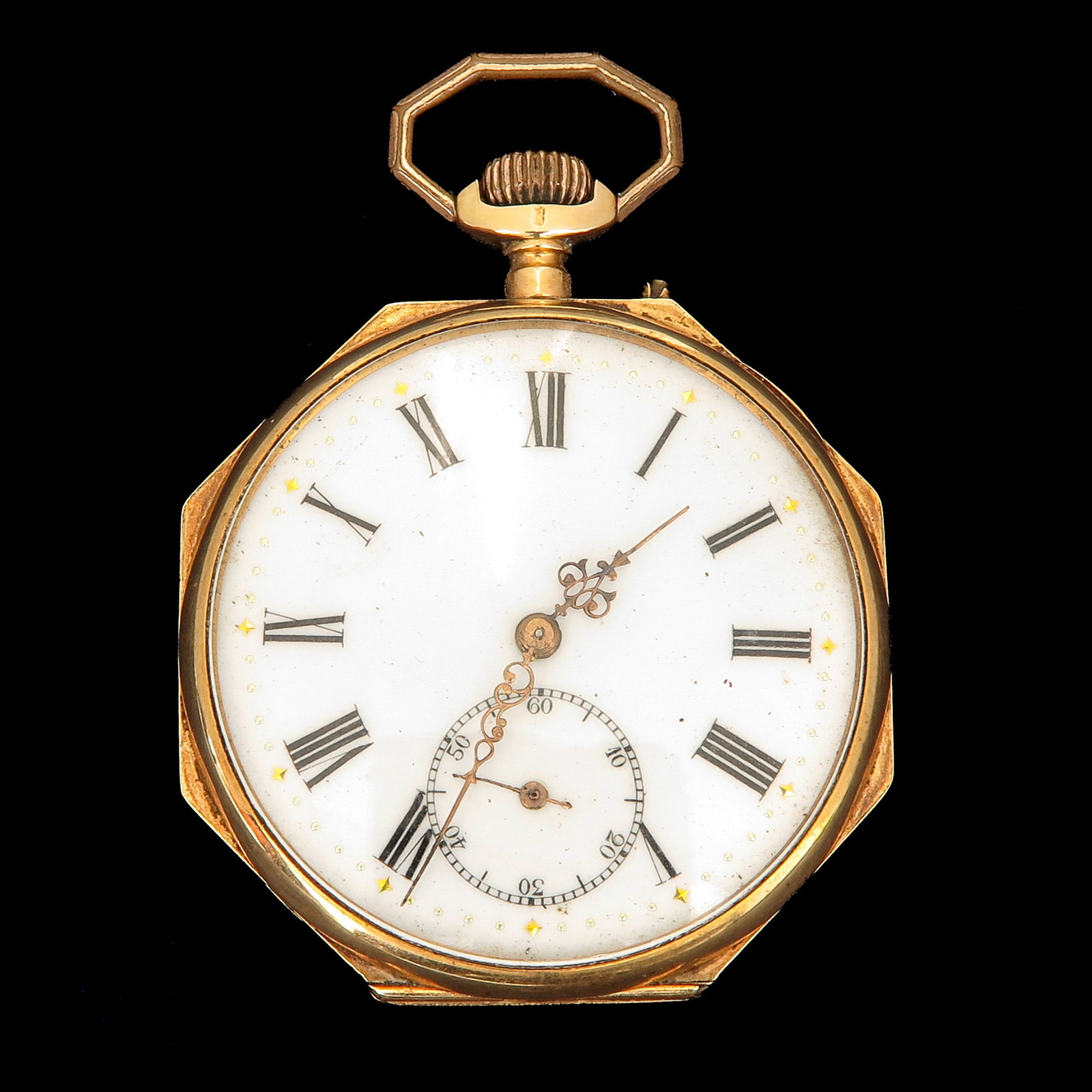 A 14KG Pocket Watch: 14 Krt. gold, white enamelled dial with Roman numerals and small seconds, diameter 46 mm.