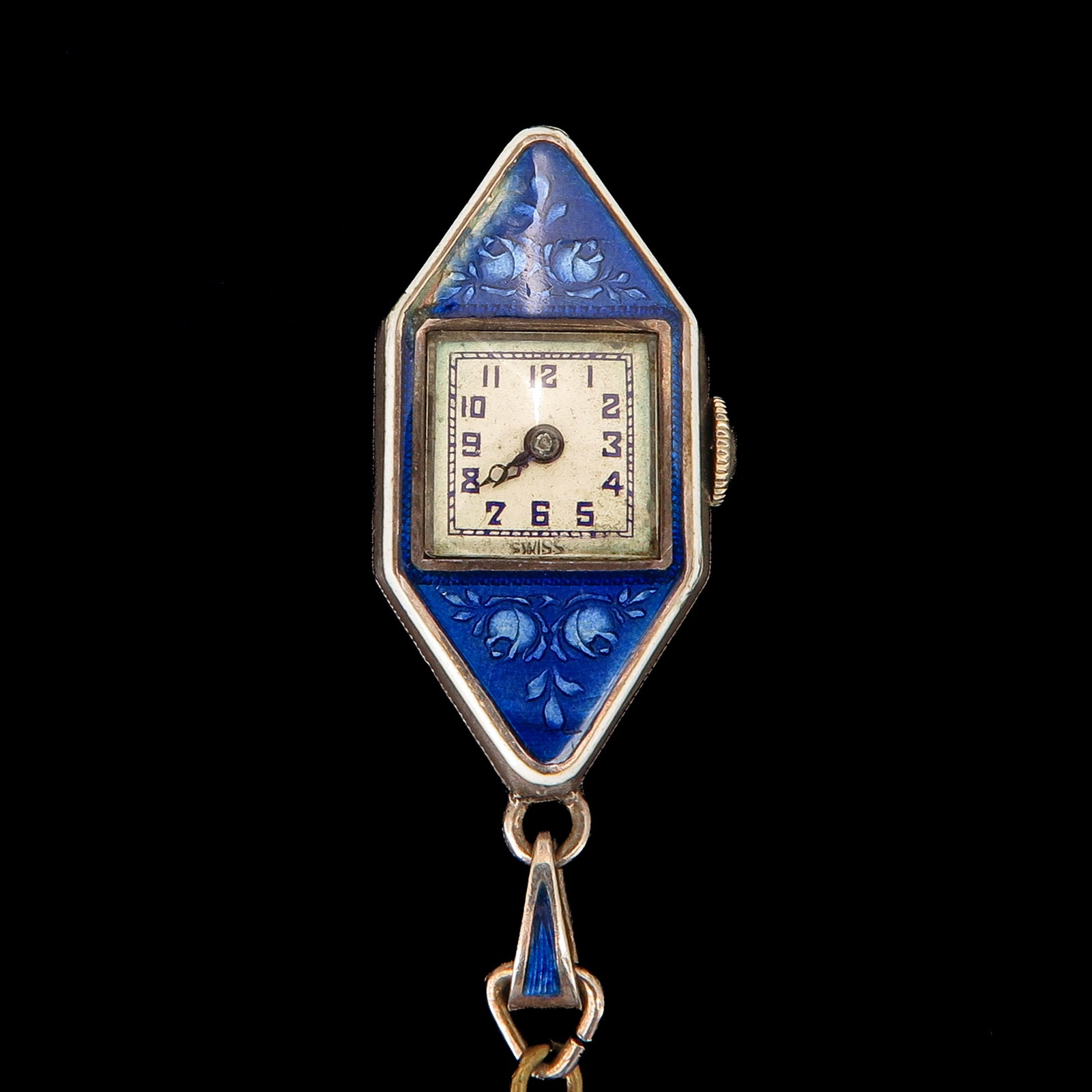 A Pocket Watch: blue enamelled case, with chain, case length 31 mm.