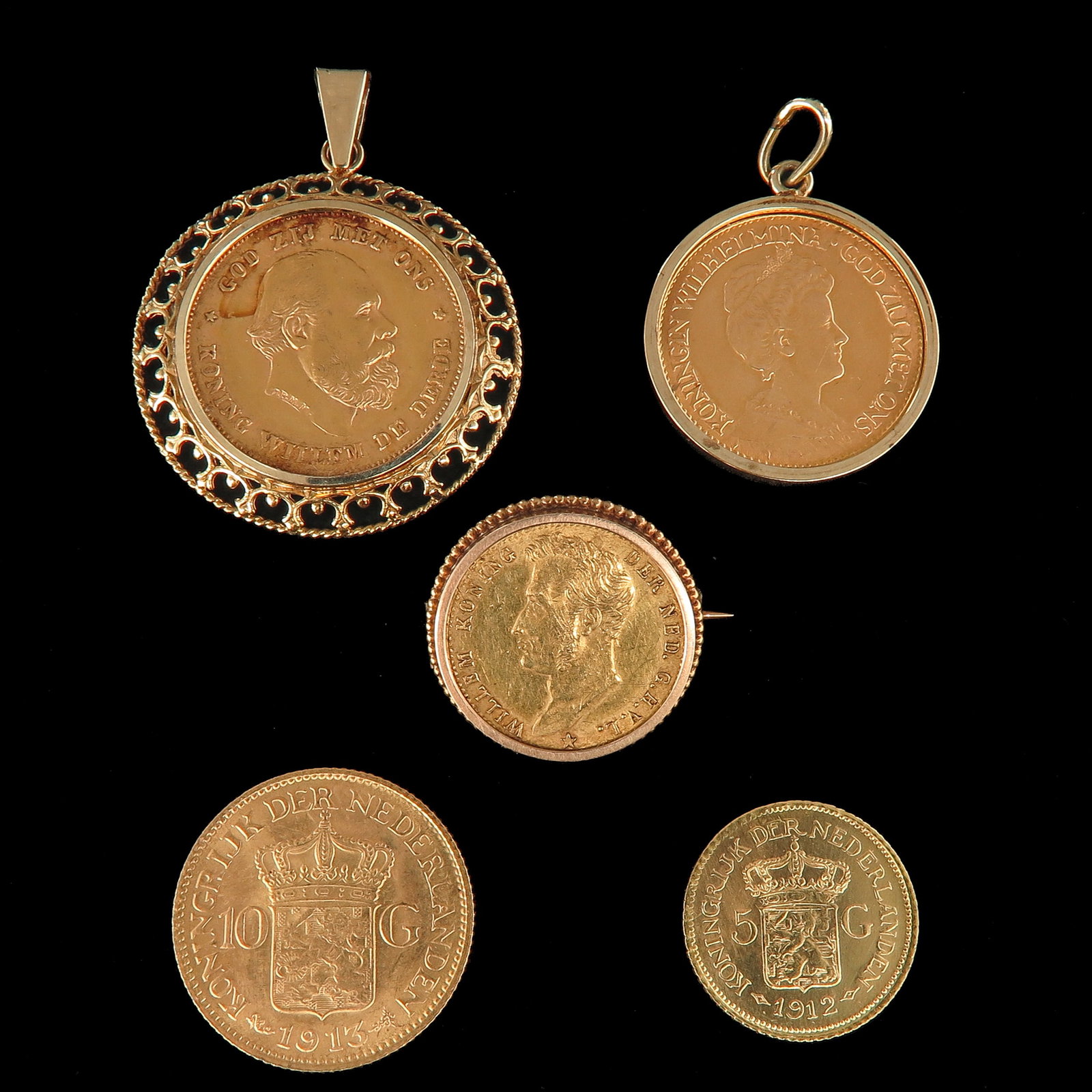 A Collection of Coins: consisting of 5 Dutch gold coins, including 10 guilders, 1912