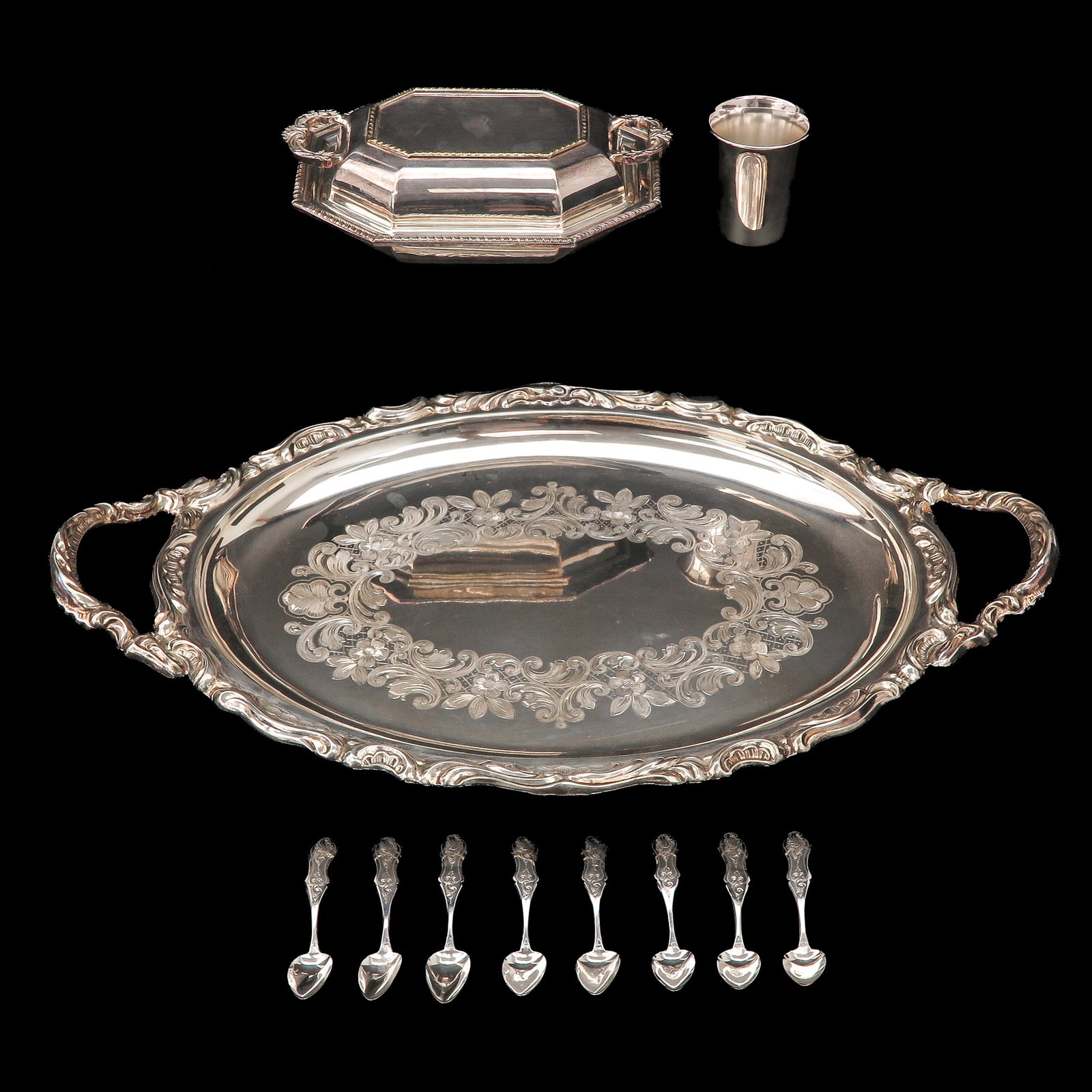 A Diverse Lot: consisting of various objects, including sterling silver tray, length 56 cm.