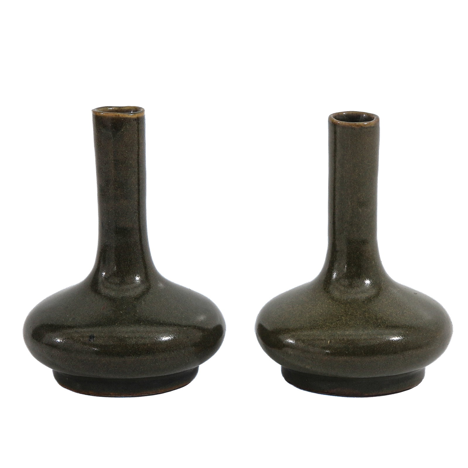 A Pair of Tea Dust Glazed Bottle Vases: Globular bodies and tall cylindrical necks, 13 cm. tall.