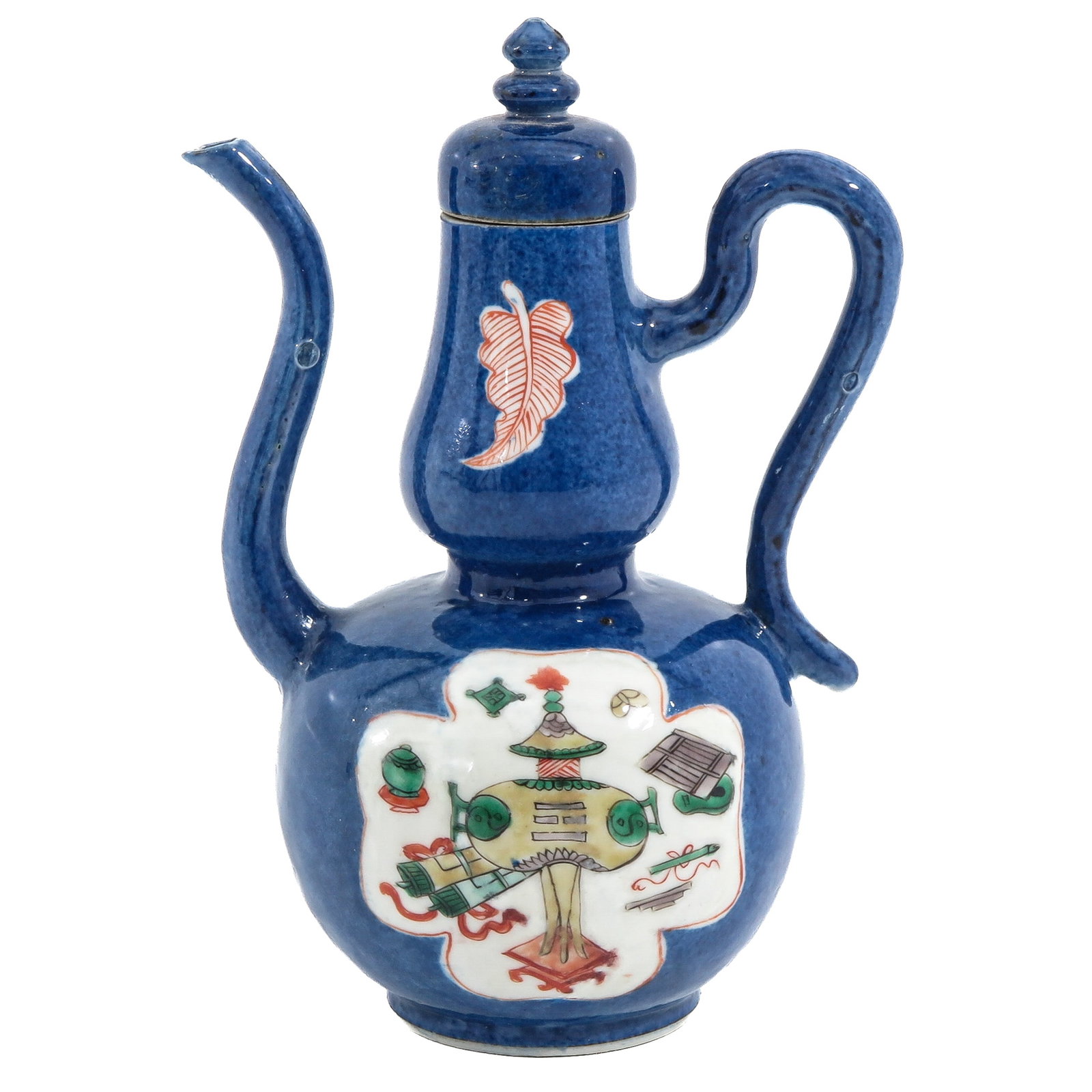 A Powder Blue Jug: Powder blue ground decorated with panels of flowers, 21 cm. tall, chip.