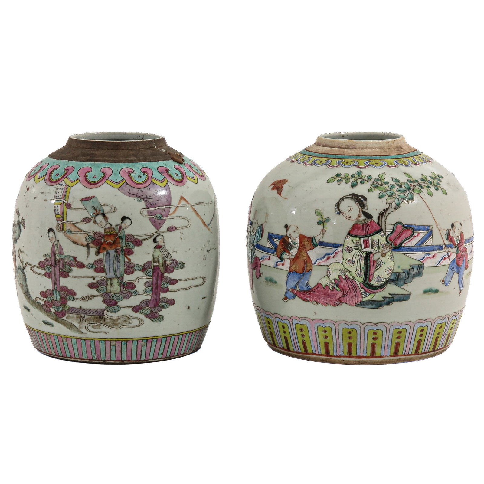 A Lot of 2 Famille Rose Ginger Jars: Decorated with figures including a lady with children, 19th Century, tallest jar is 22 cm.