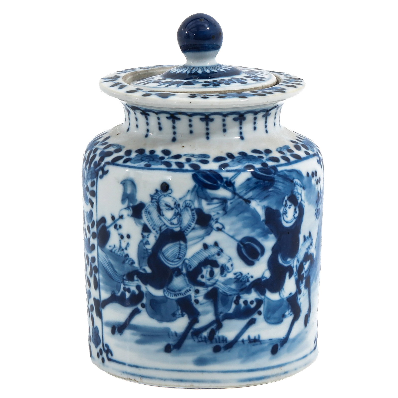 A Covered Jar: Decorated with warriors, Kangxi mark, 16 cm. tall, chip and hairline in cover.