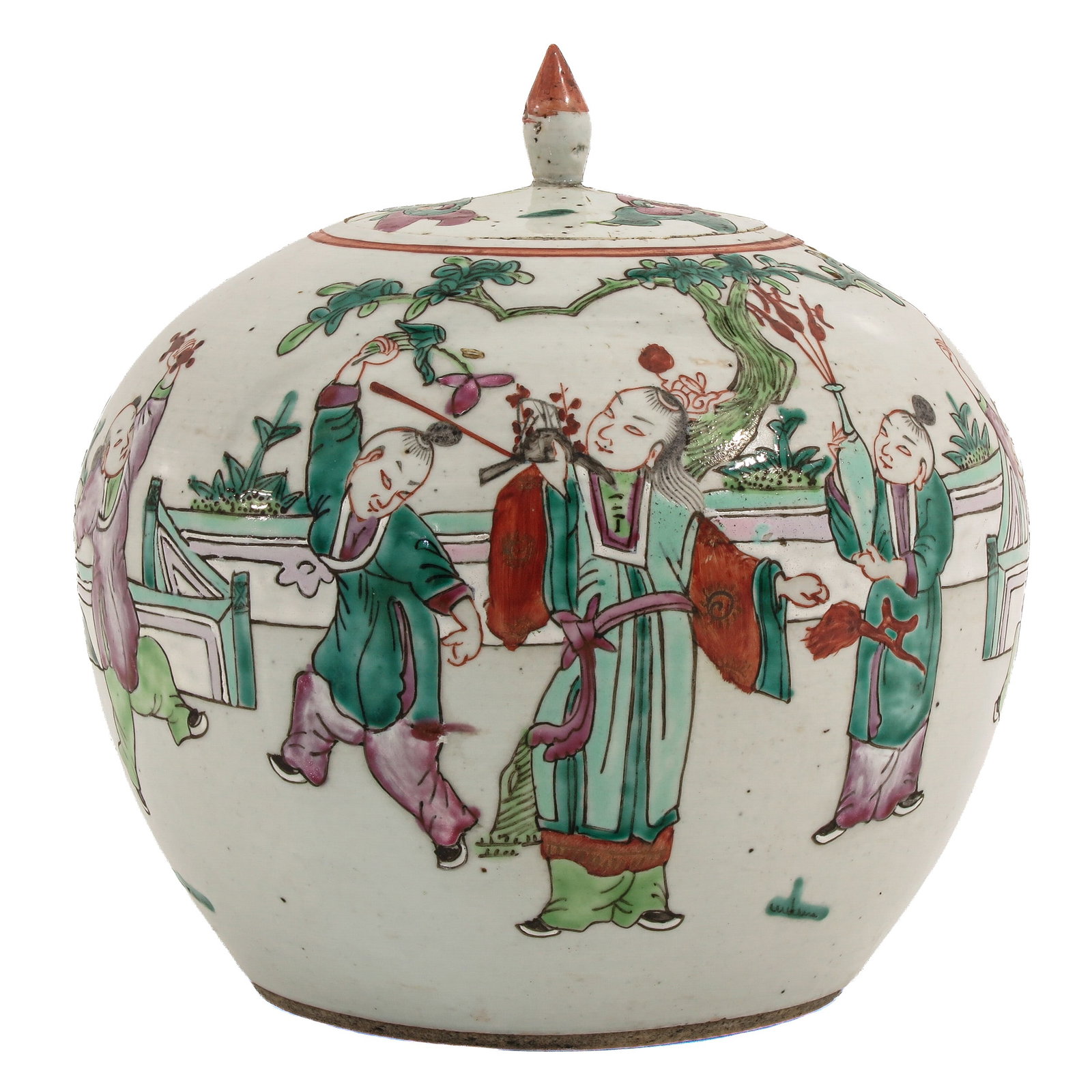 A Famille Verte Ginger Jar: Polychrome decorated with figures in a garden setting, 19th Century, 21 cm.