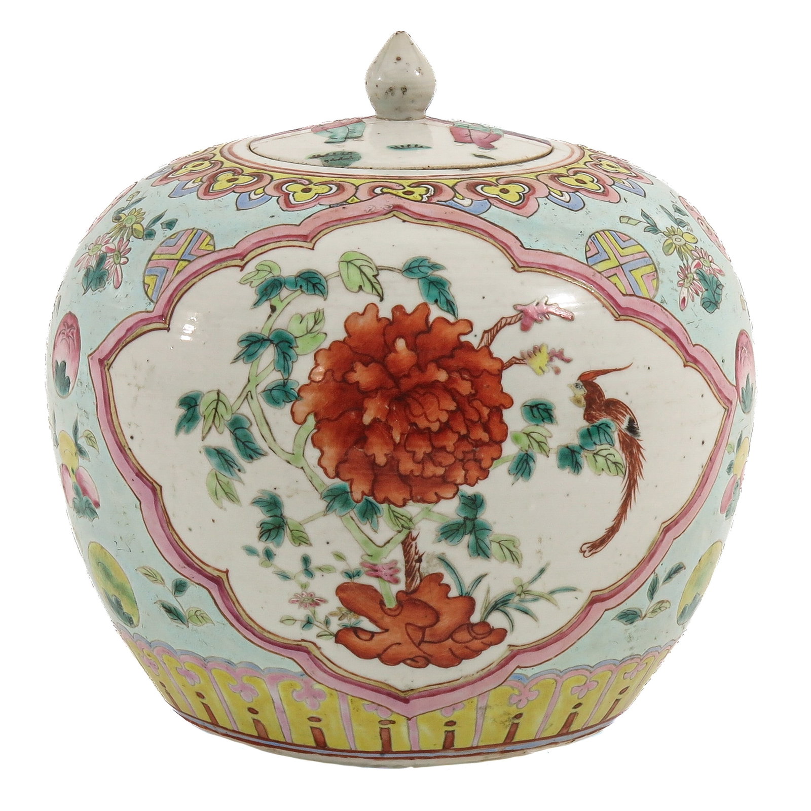 A Famille Rose Ginger Jar: Decorated with peonies and birds with shaped panels, 19th Century, 21 cm. tall.