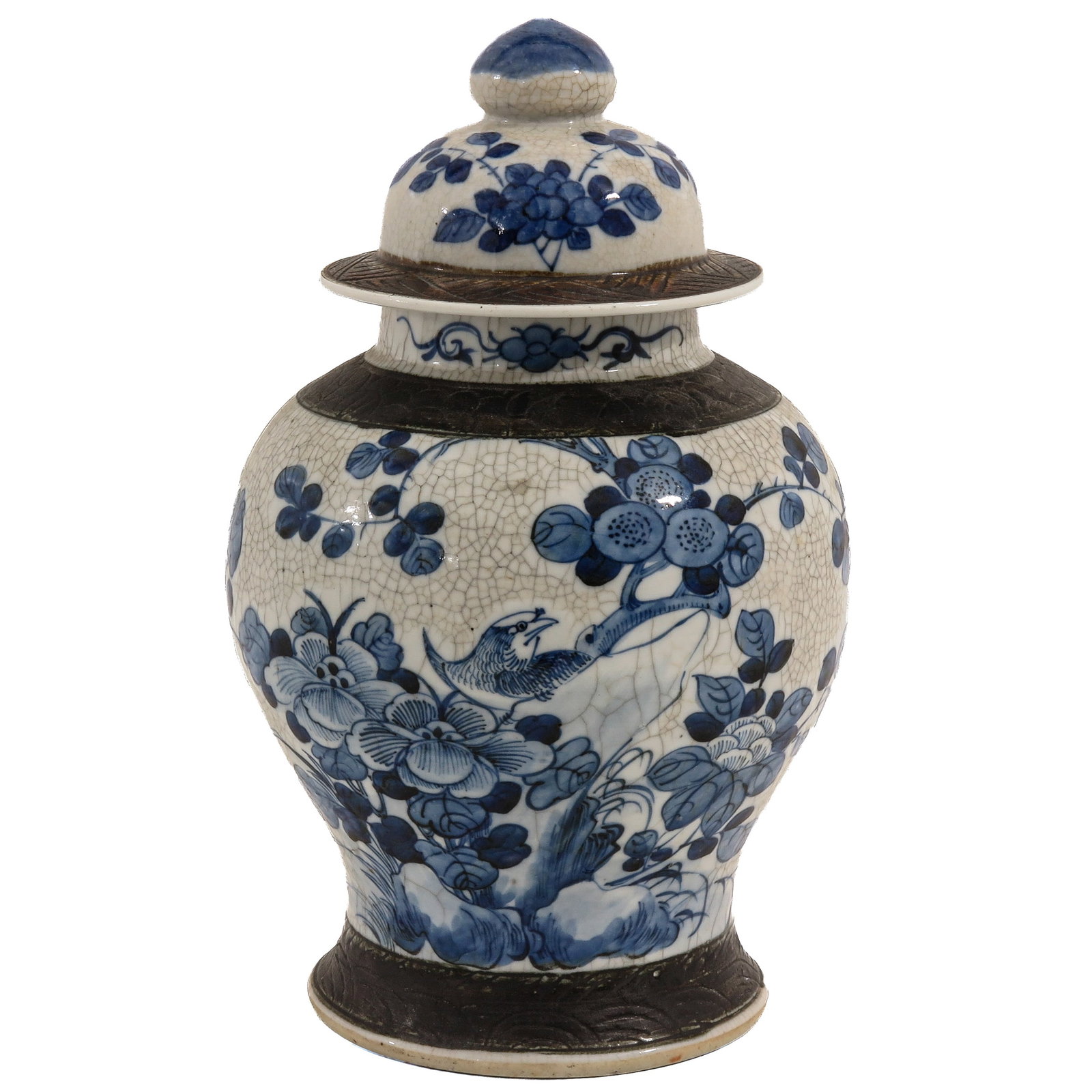 A Nanking Jar with Cover: Decorated with birds amongst flowering branches, crackle glaze and brown finished bands, 19th Century, 35 cm. tall.