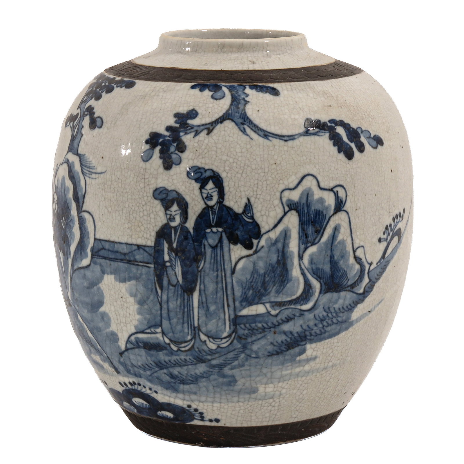 A Blue and White Ginger Jar: Depicting figures with a landscape, with crackle glaze and brown finished bands, 28 cm. tall.