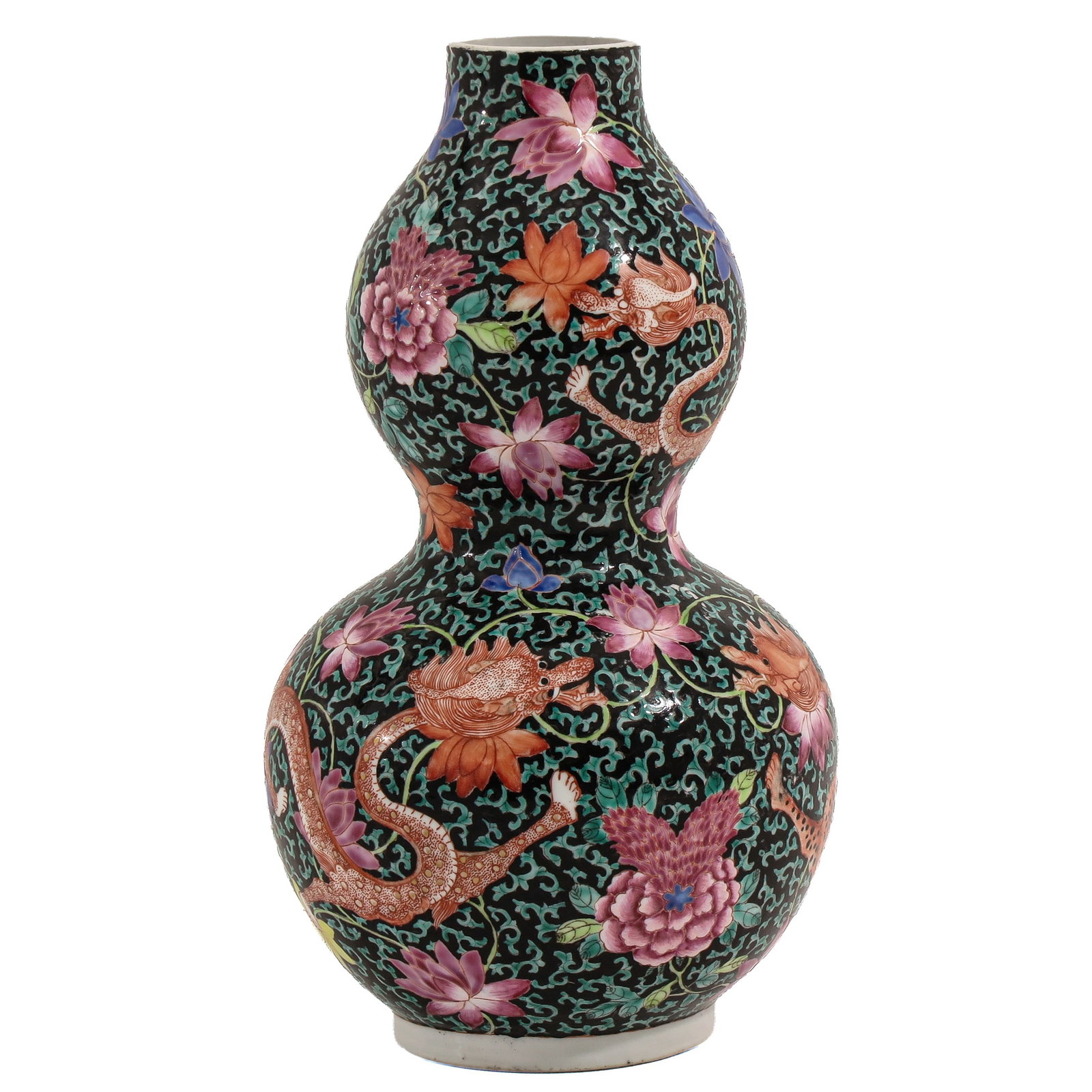A Famille Noir Double Gourd Vase: Decorated with dragons amongst lotus flowers and peonies, 36 cm. tall.