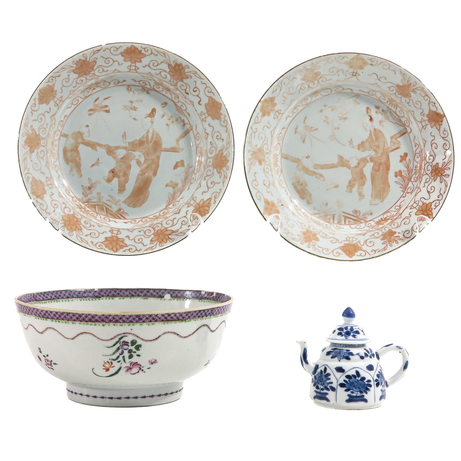 A Collection of Porcelain: Including a small blue and white teapot, 2 milk and blood decor plates, and a Famille Rose service bowl 20 cm. in diameter, in diverse conditions.