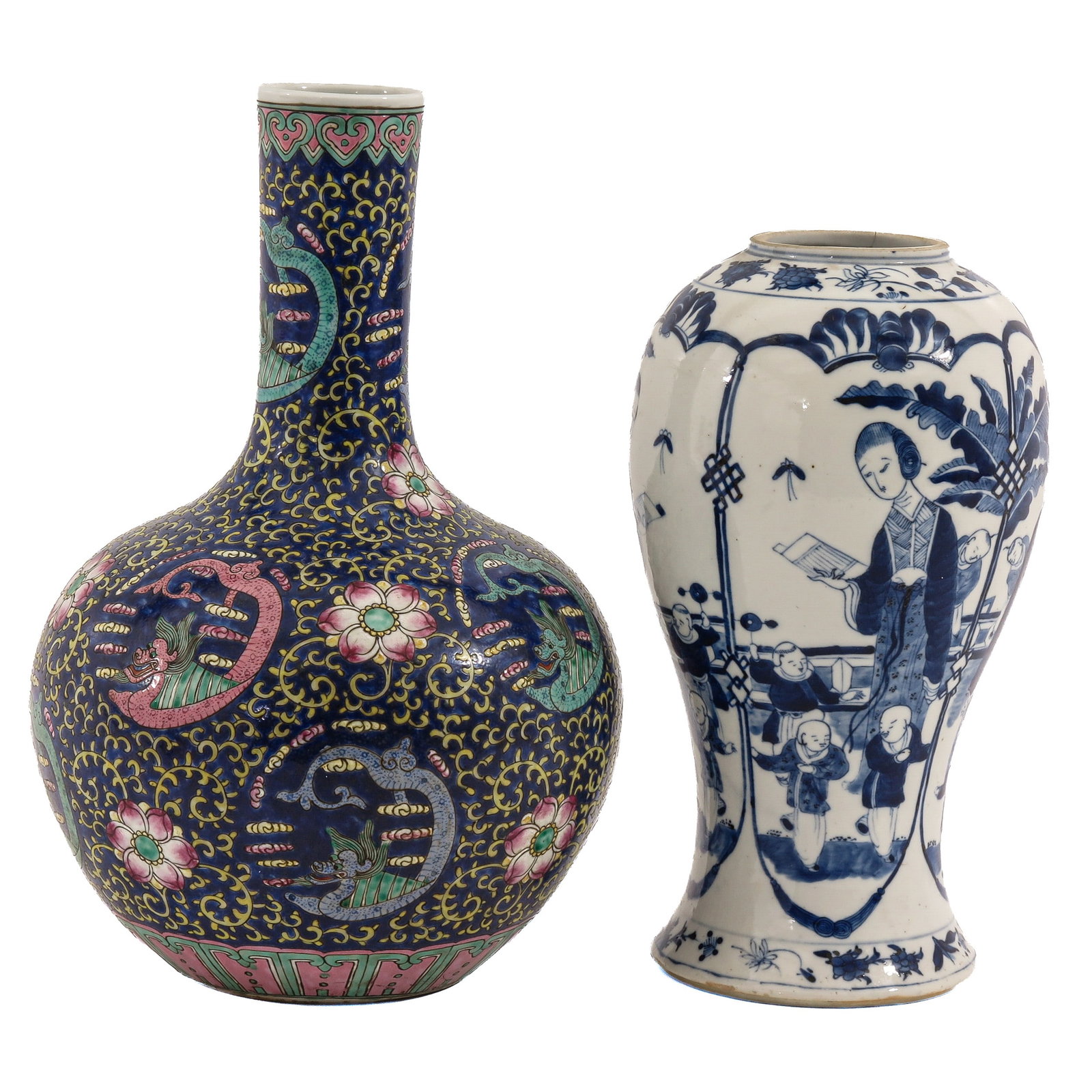 A Lot of 2 Vases: Including 1 on a dark blue ground decorated with lotus flowers, the other in blue and white depicting a lady and children in a garden, tallest vase is 38 cm., hairline.