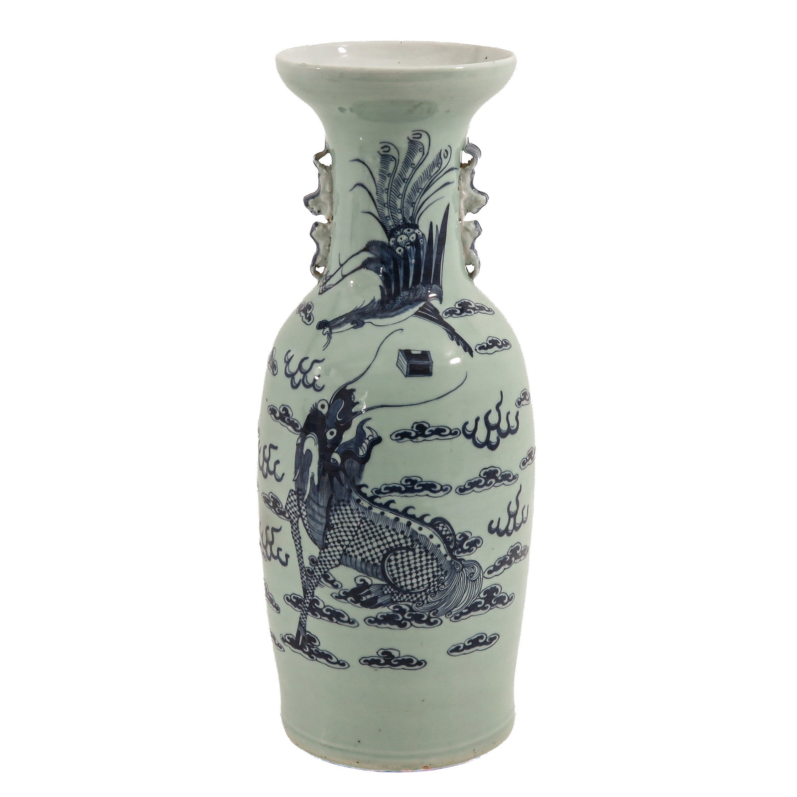 A Celadon Blue and White Vase: Decorated with a qilin and phoenix among stylized clouds, with applied handles to the neck, 60 cm. tall, hairline.