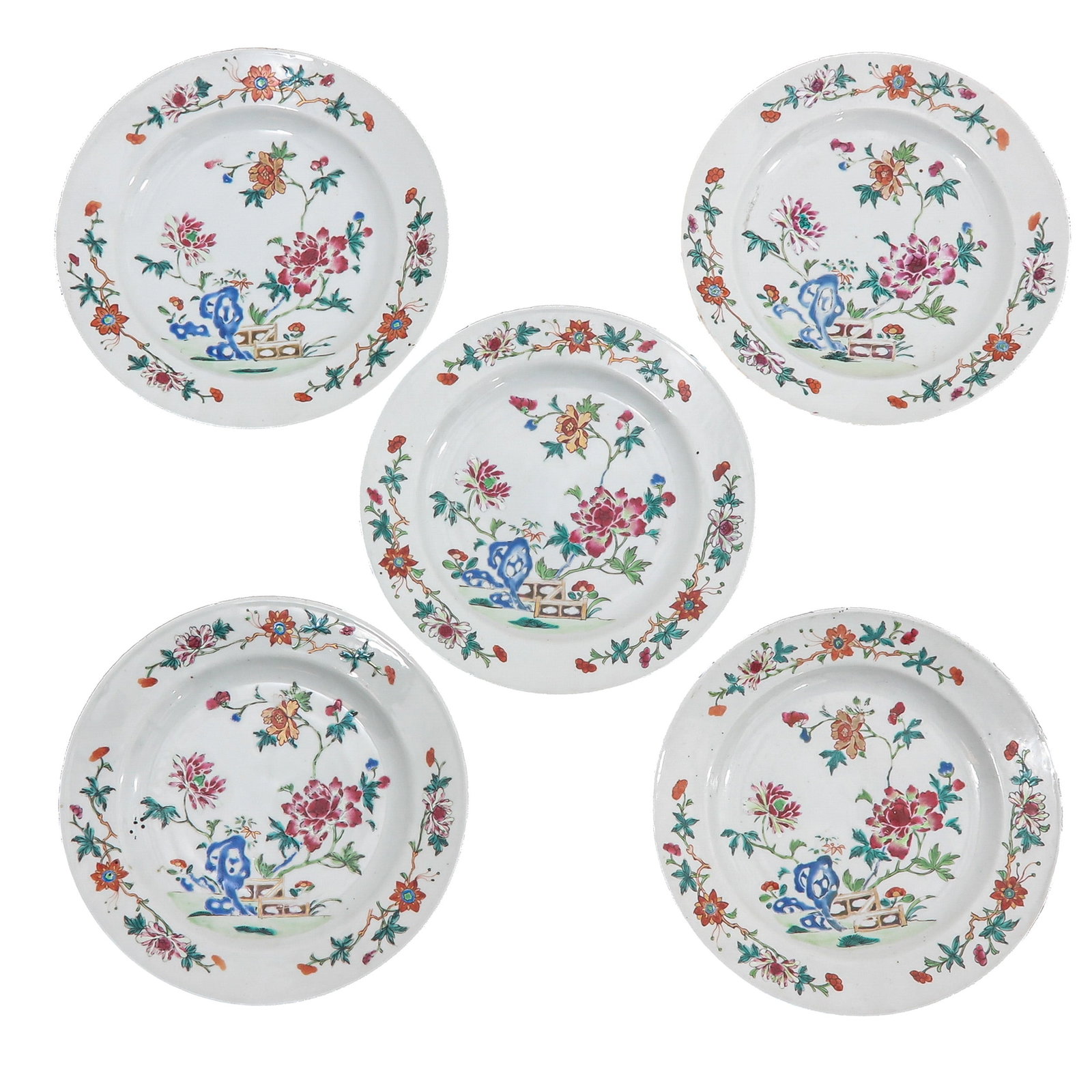 A Series of 5 Famille Rose Plates: Decorated with peonies and other floral motifs, 18th Century, 23 cm. in diameter, chip.