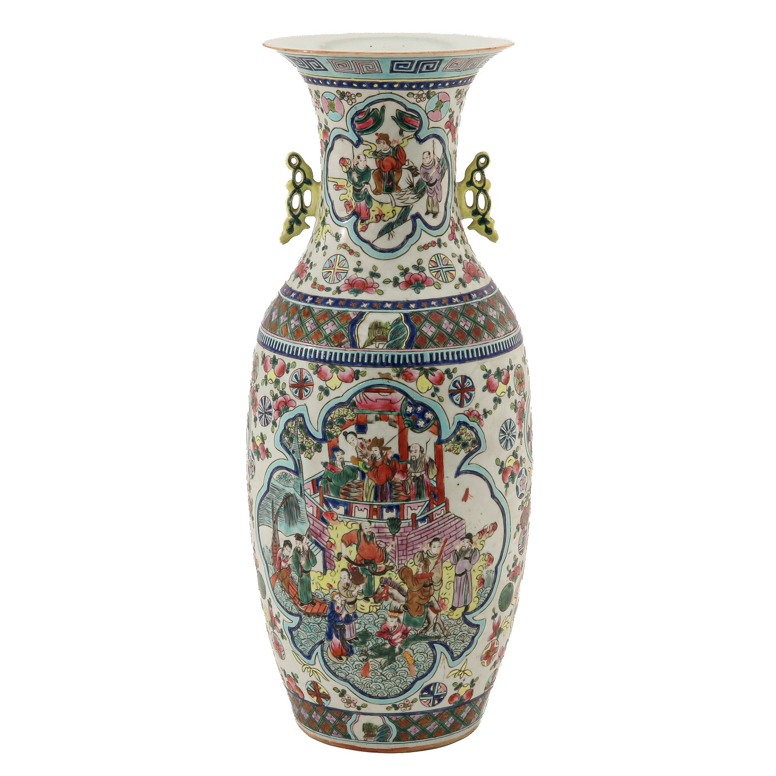 A Cantonese Vase: Decorated with figural scenes within shaped panels, flowers and birds, with pierced handles, 19th Century, 58 cm. tall.