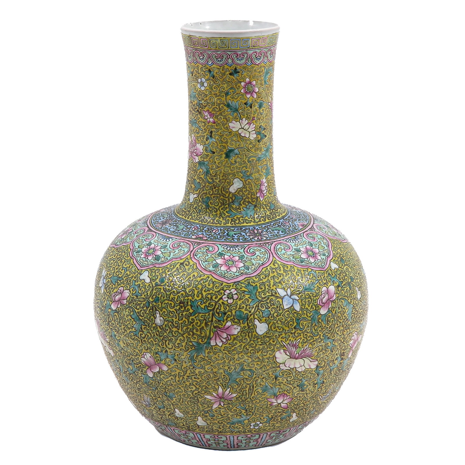 A Famille Rose Baluster Vase: Yellow ground with full floral decor, 58 cm.